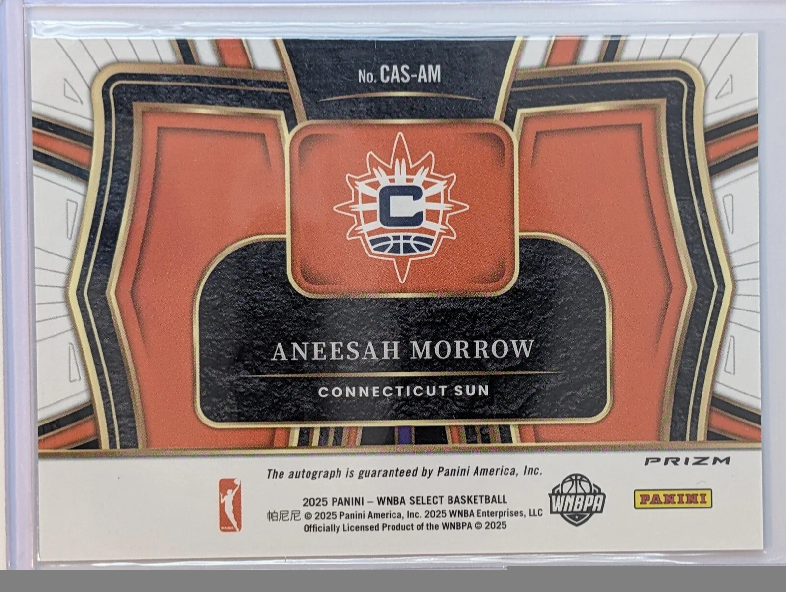 Back of 2025 Panini Select WNBA #CAS-AM Aneesah Morrow Courtside Action Signatures