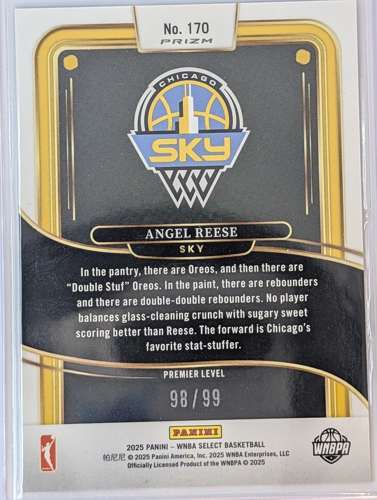Back of 2025 Panini Select WNBA /99 #170 Angel Reese Silver Prizm