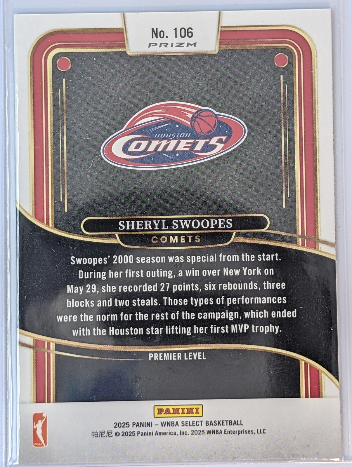 Back of 2025 Panini Select WNBA #106 Sheryl Swoopes Silver Prizms