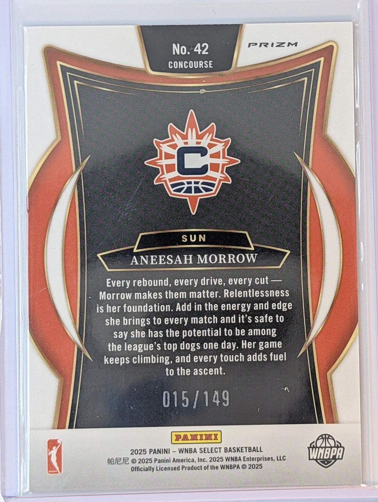 Back of 2025 Panini Select WNBA #42 Aneesah Morrow Red Prizm /149