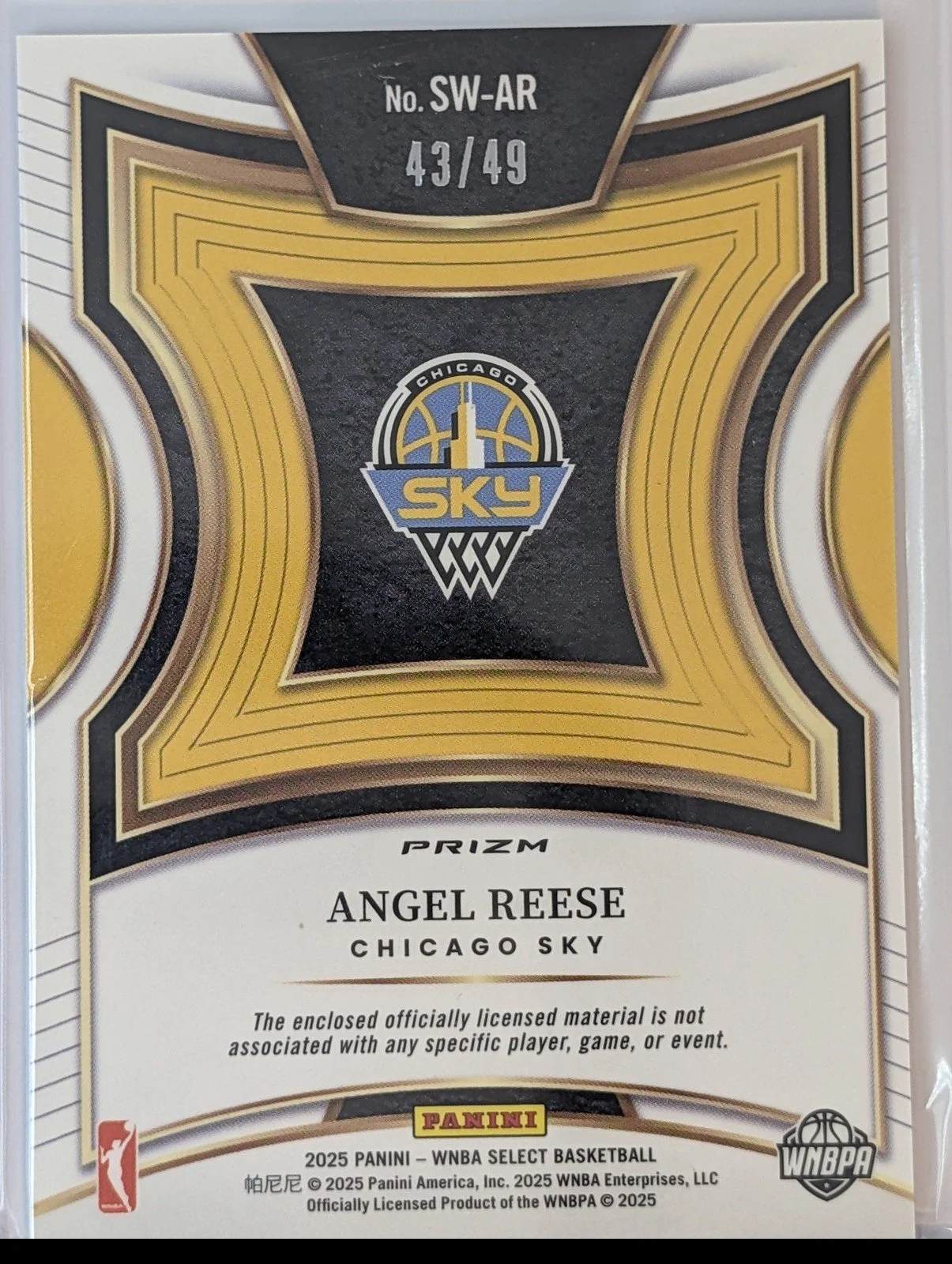 Back of 2025 Panini Select WNBA /49 #SW-AR Angel Reese Purple Relic