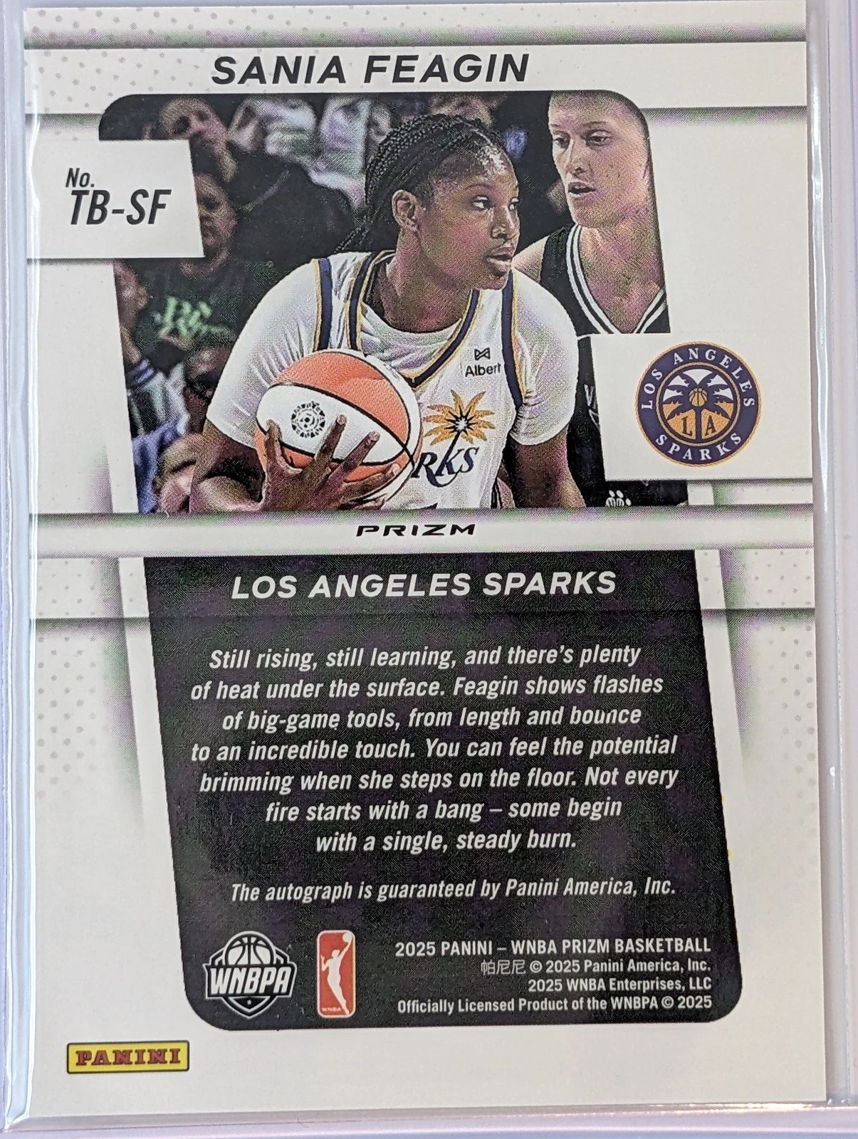 Back of 2025 Panini Select WNBA Sania Feagin Auto Throwback Sig TB-SF
