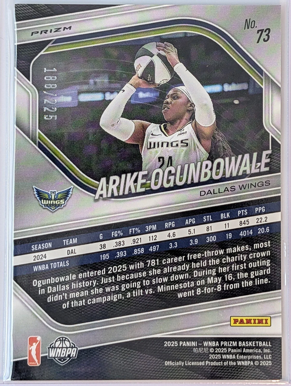 Back of 2025 Panini Prizm WNBA /225  #73 Arike Ogunbowale Green Prizms