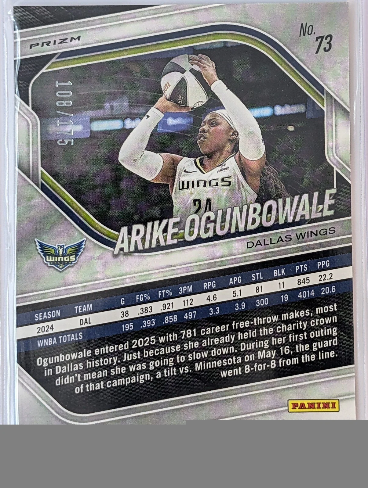 Back of 2025 Panini Prizm WNBA /175 #73 Arike Ogunbowale Pink Prizms