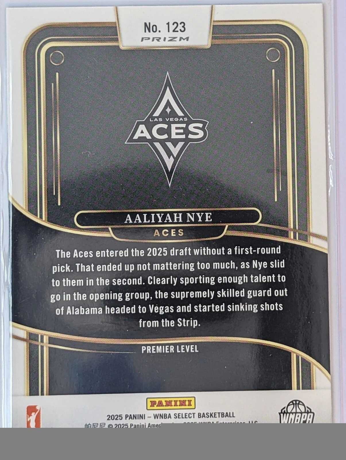 Back of 2025 Panini Select WNBA #123 Aaliyah Nye Silver Prizms