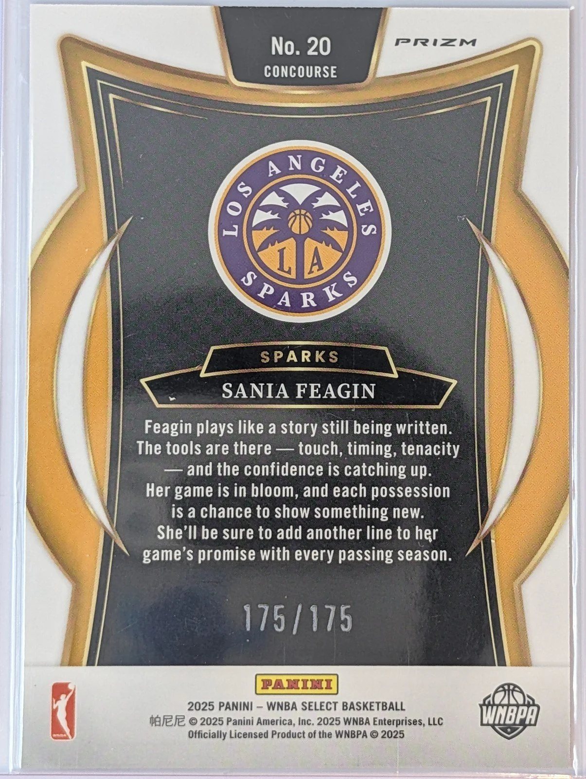 Back of 2025 Panini Select WNBA 175/175 #20 Sania Feagin Pink Camo Prizms /175