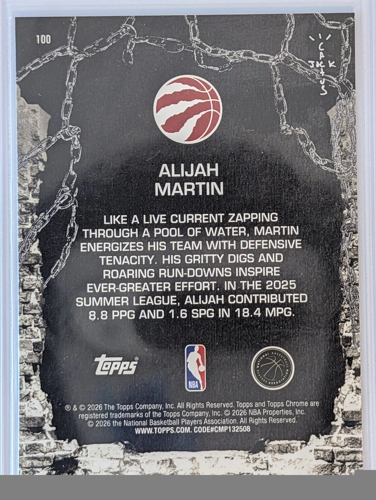 Back of 2025-26 Topps Chrome Cactus Jack #100 Alijah Martin RC