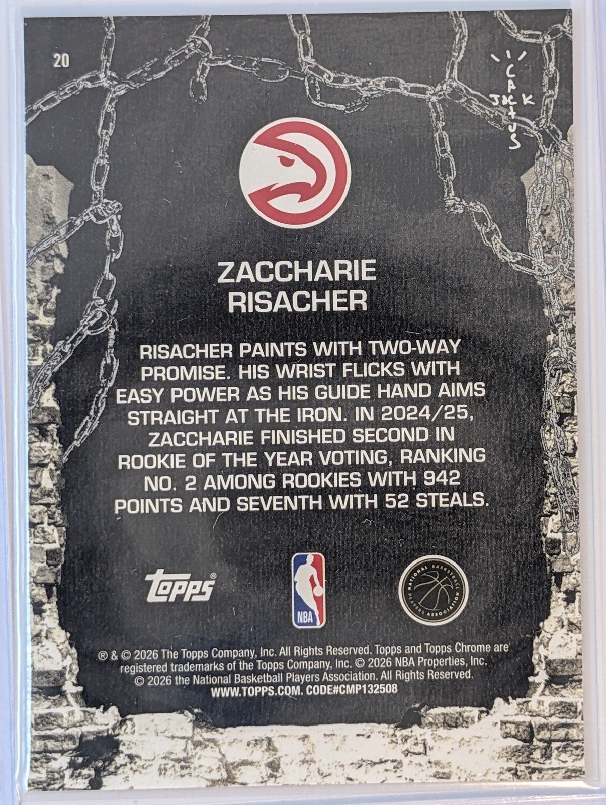 Back of 2025-26 Topps Chrome Cactus Jack /199 #20 Zaccharie Risacher Aqua Shimmer