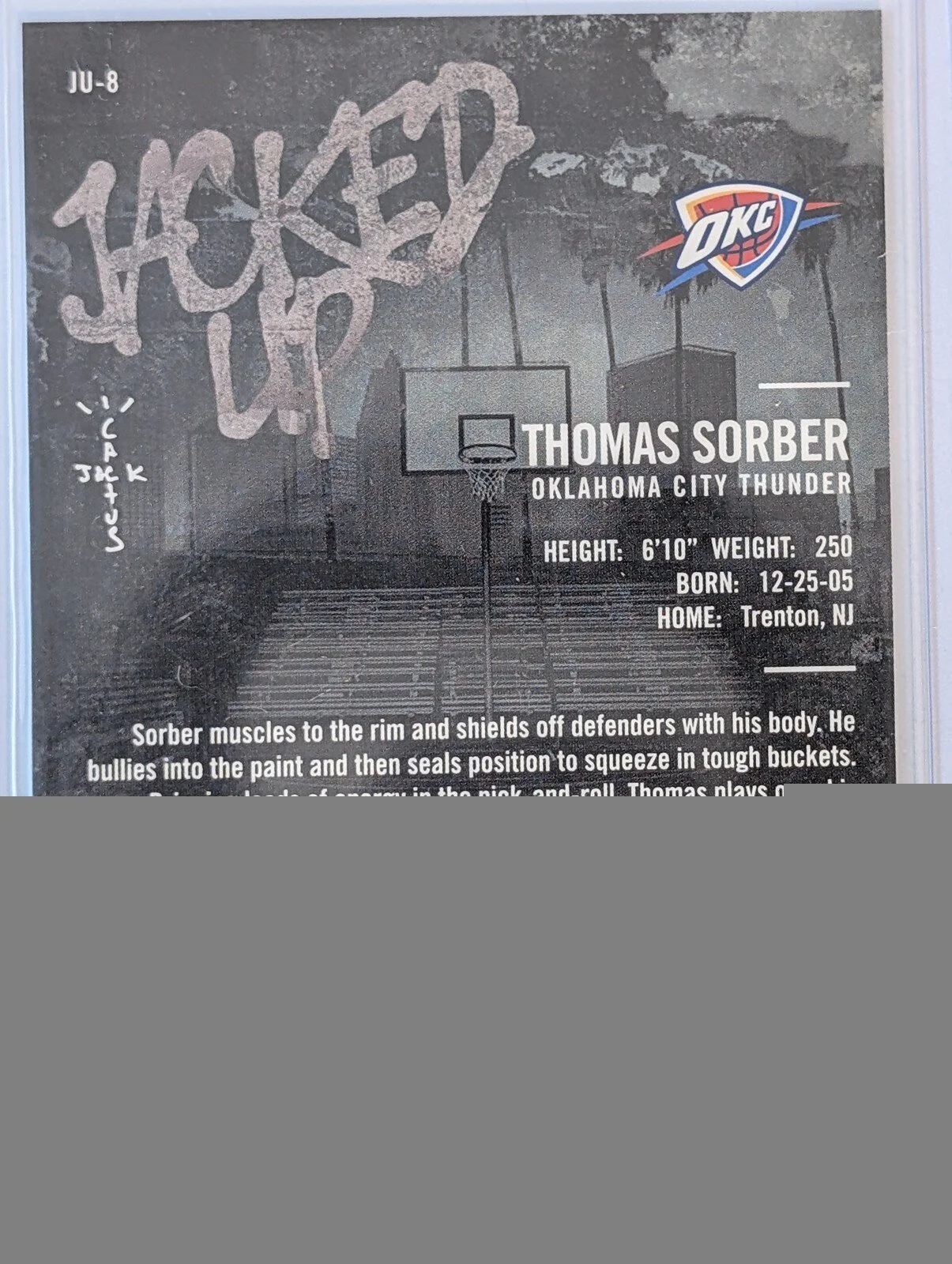 Back of 2025-26 Topps Chrome Cactus Jack #JU-8 Thomas Sorber Jacked Up RC