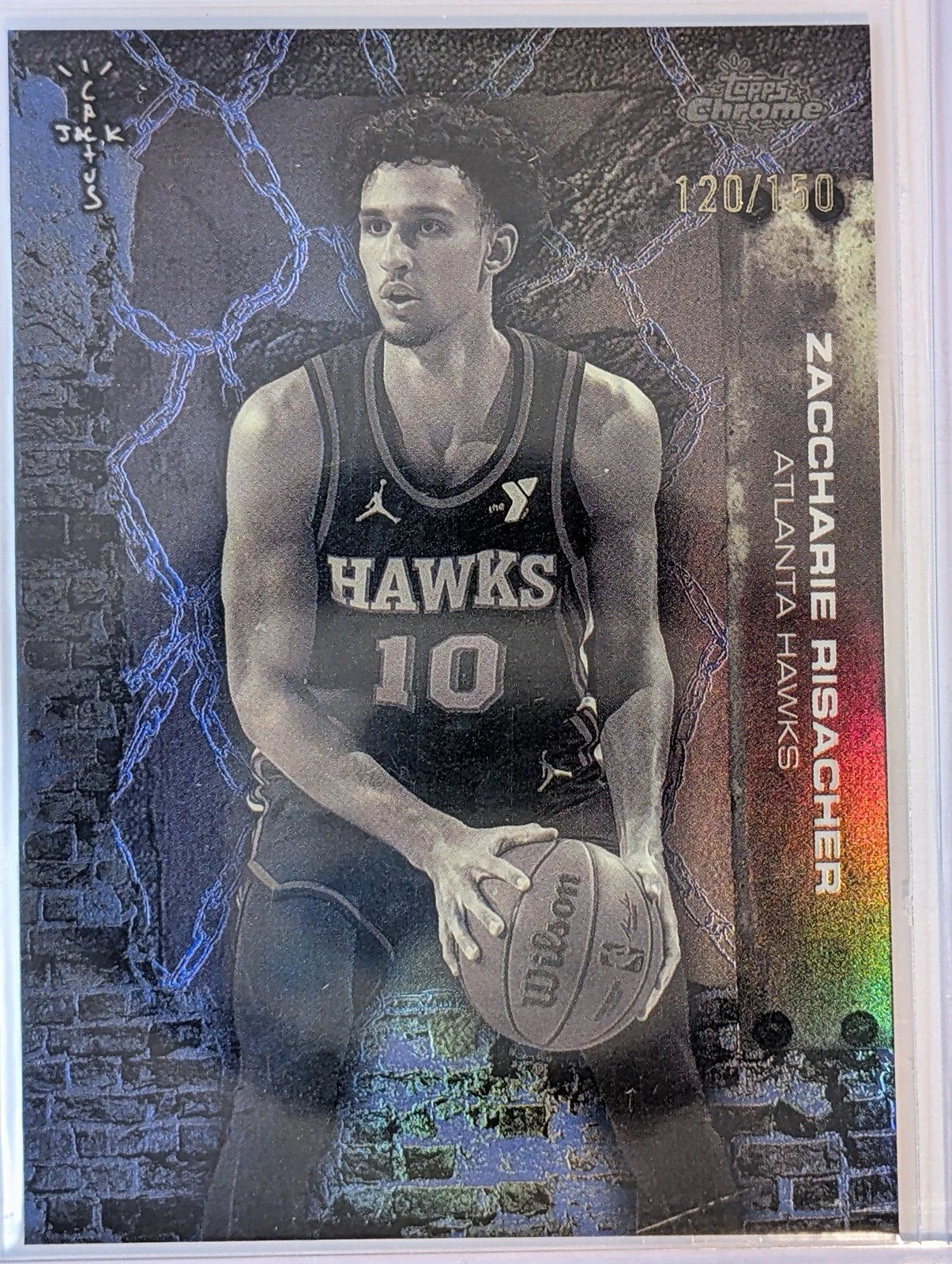 Front of 2025-26 Topps Chrome Cactus Jack /150 #20 Zaccharie Risacher Blue Refractor