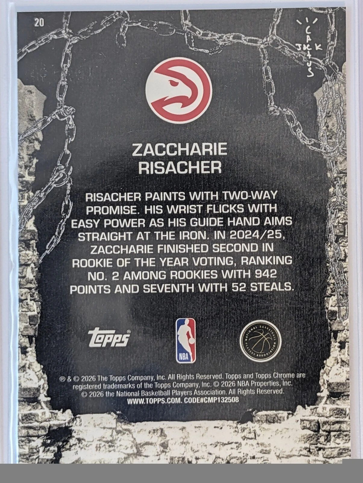 Back of 2025-26 Topps Chrome Cactus Jack /150 #20 Zaccharie Risacher Blue Refractor