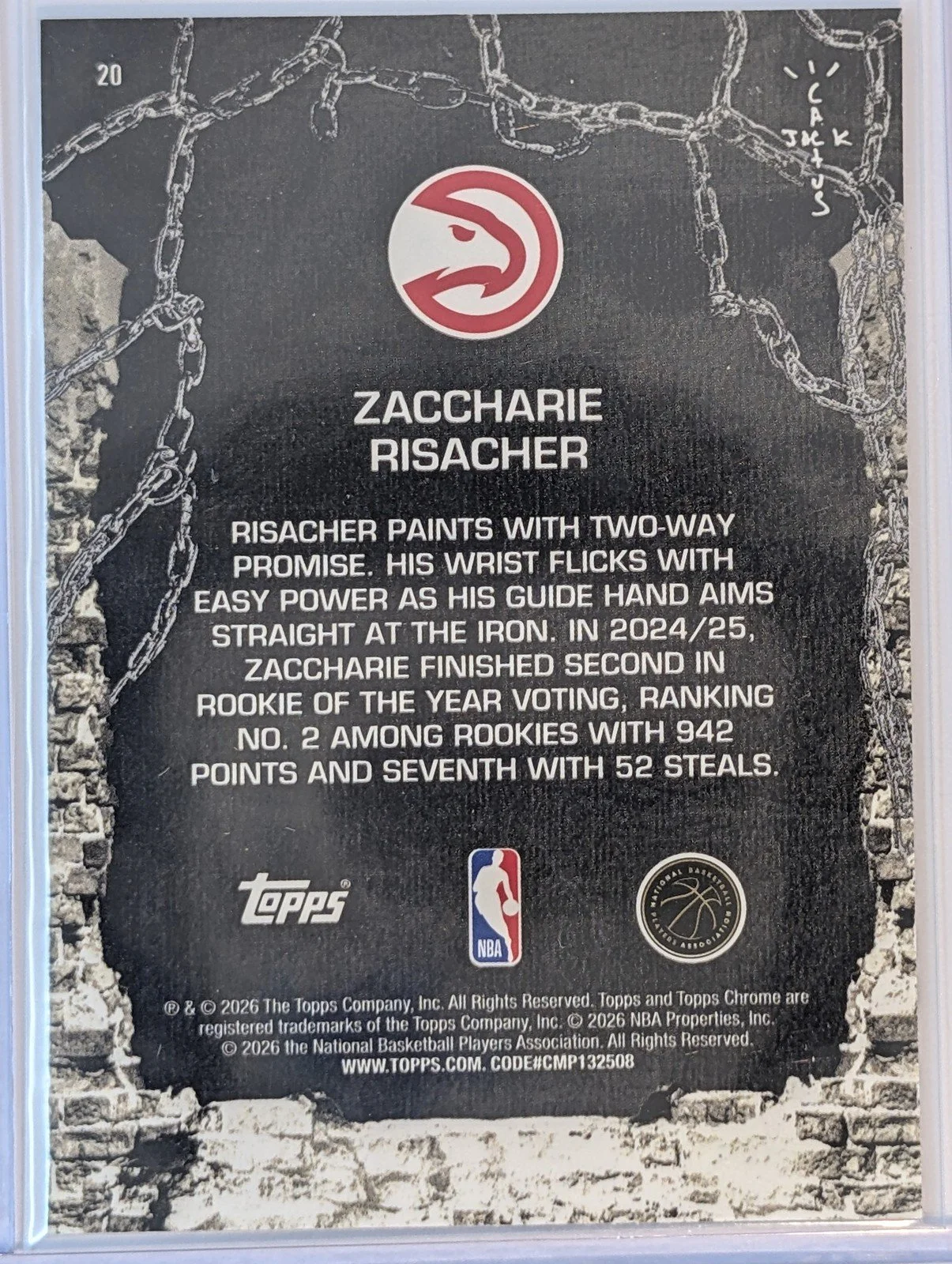 Back of 2025-26 Topps Chrome Cactus Jack /250  Zaccharie Risacher Pink Refractor #20