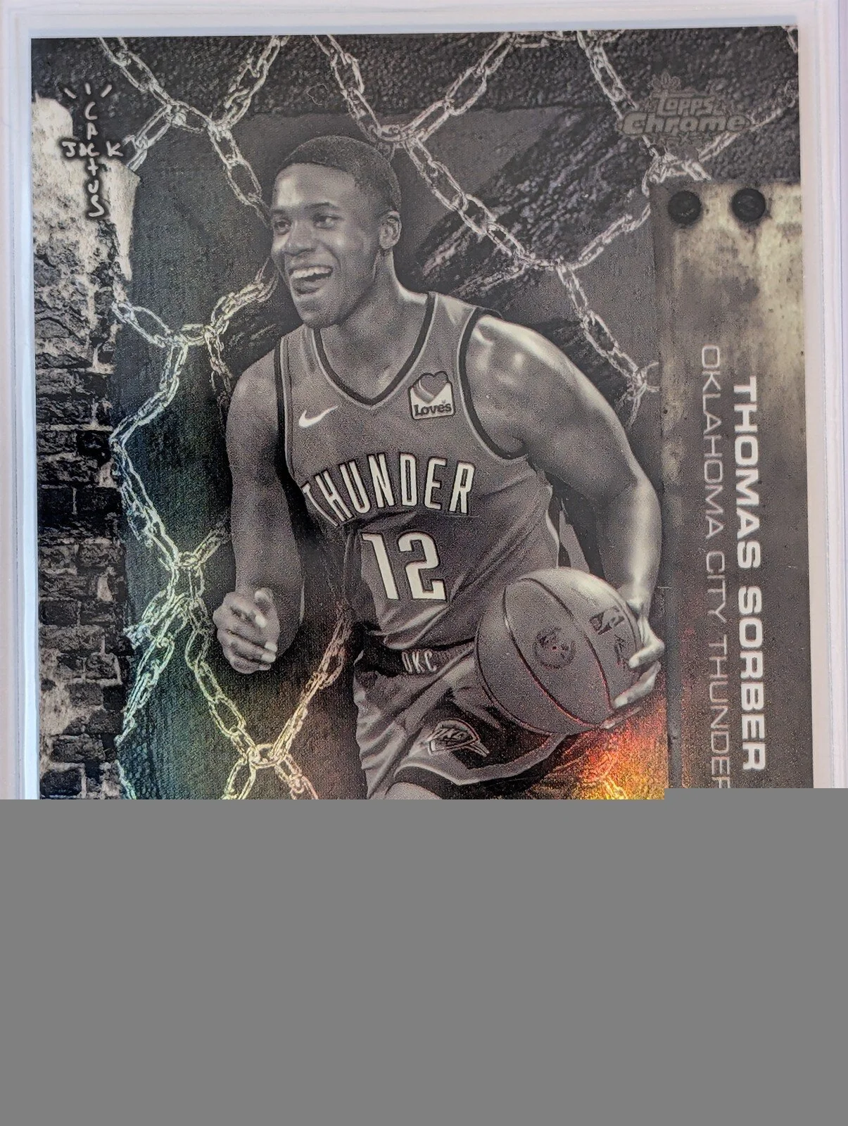 Front of 2025-26 Topps Chrome Cactus Jack #75 Thomas Sorber White Refractor