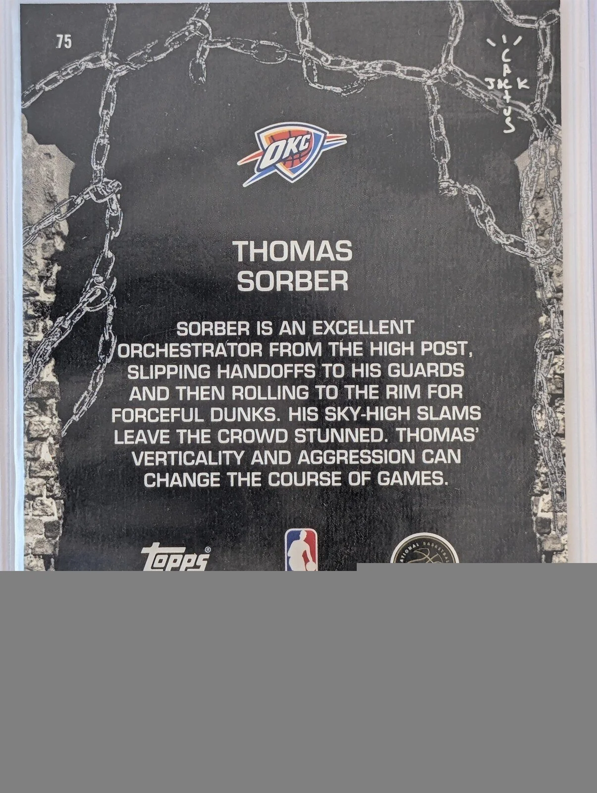 Back of 2025-26 Topps Chrome Cactus Jack #75 Thomas Sorber White Refractor