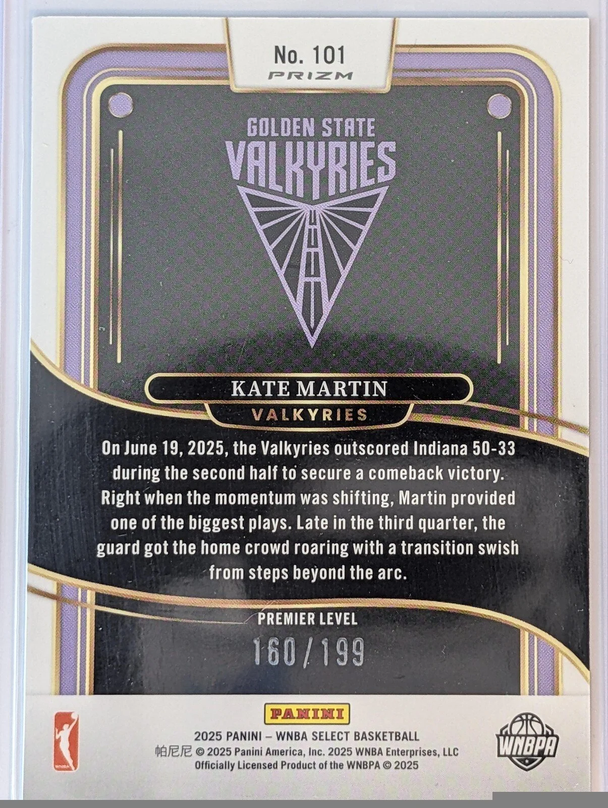 Back of 2025 Panini Select WNBA /199 #101 Kate Martin Blue Scope Prizms
