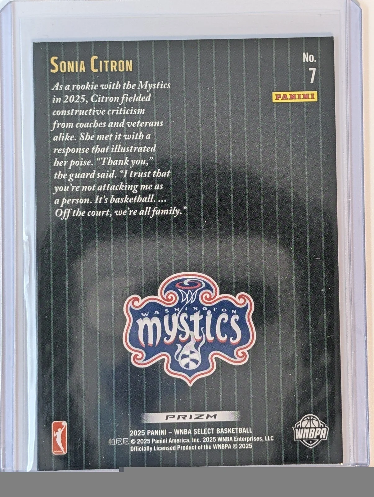 Back of 2025 Panini Select WNBA #7 Sonia Citron Score Select Throwback Prizm