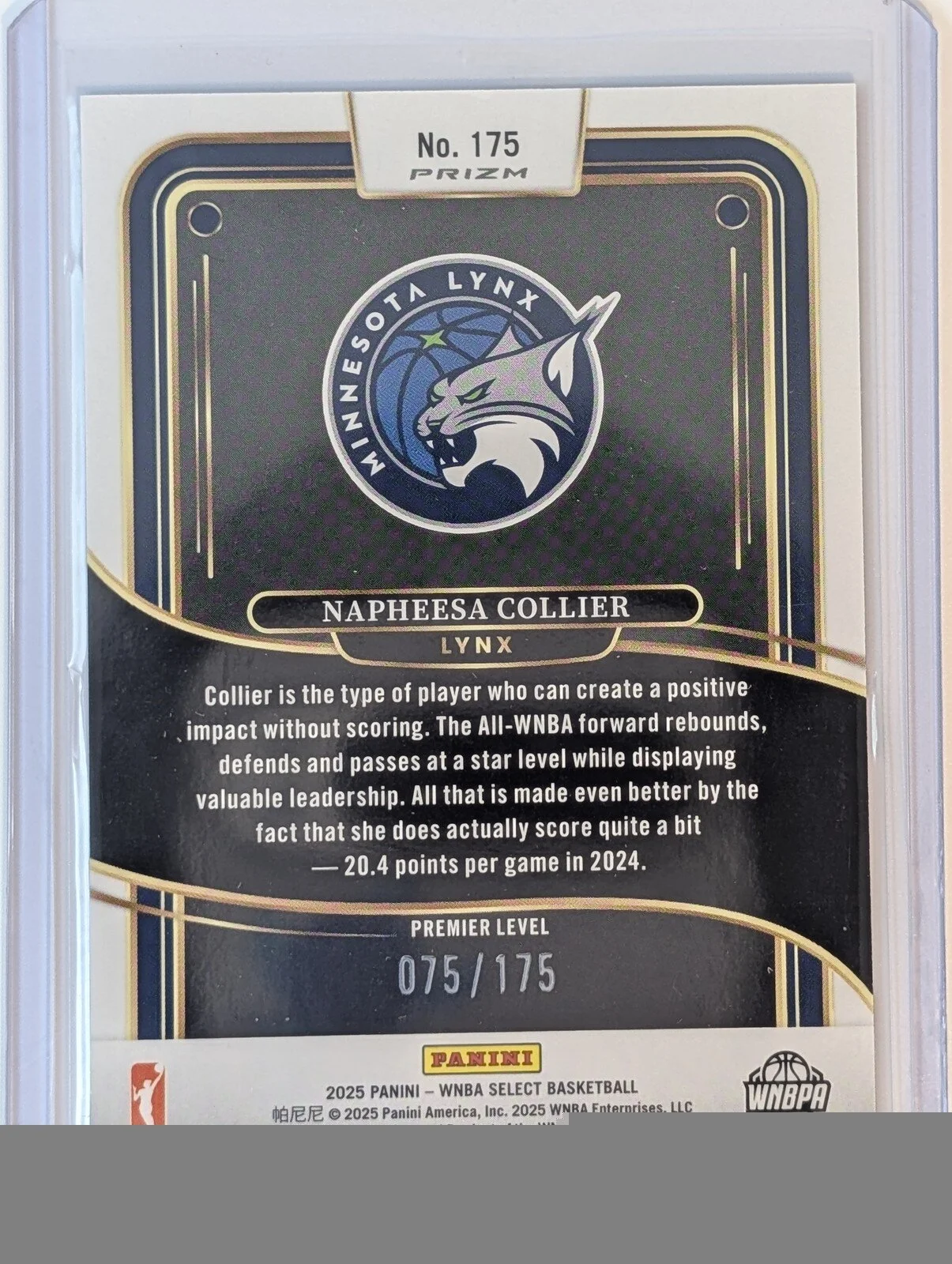 Back of 2025 Panini Select WNBA /175 #175 Napheesa Collier Pink Camo Prizms