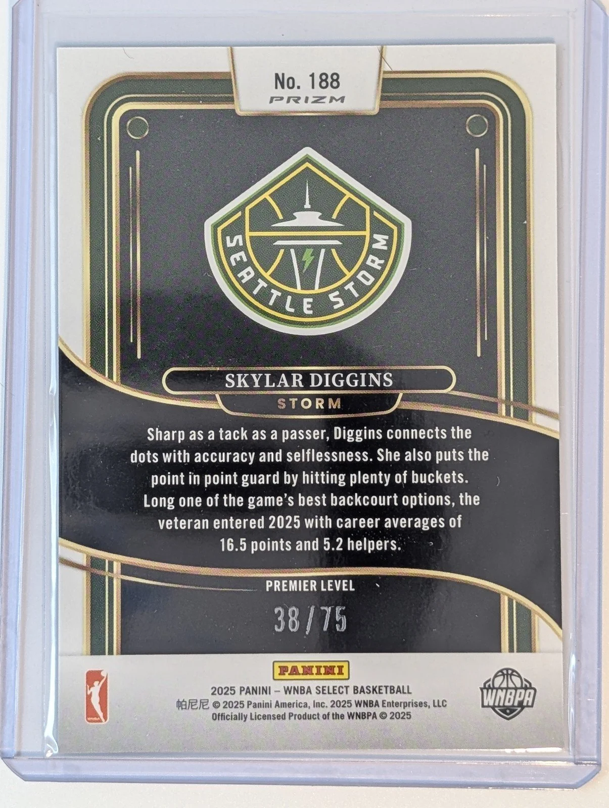 Back of 2025 Panini Select WNBA /75 #188 Skylar Diggins Neon Green Prizms