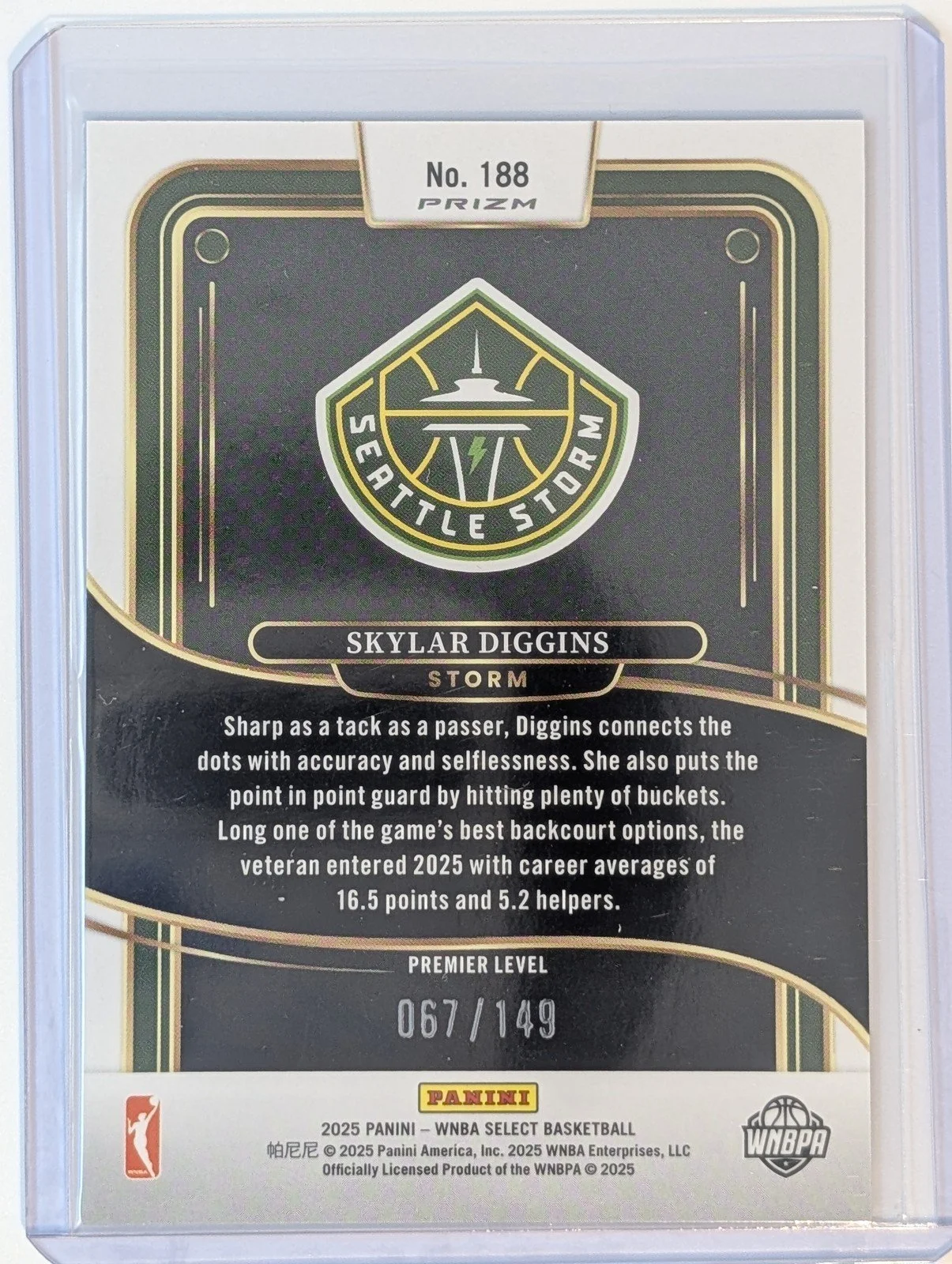 Back of 2025 Panini Select WNBA /149 #188 Skylar Diggins Purple Prizms
