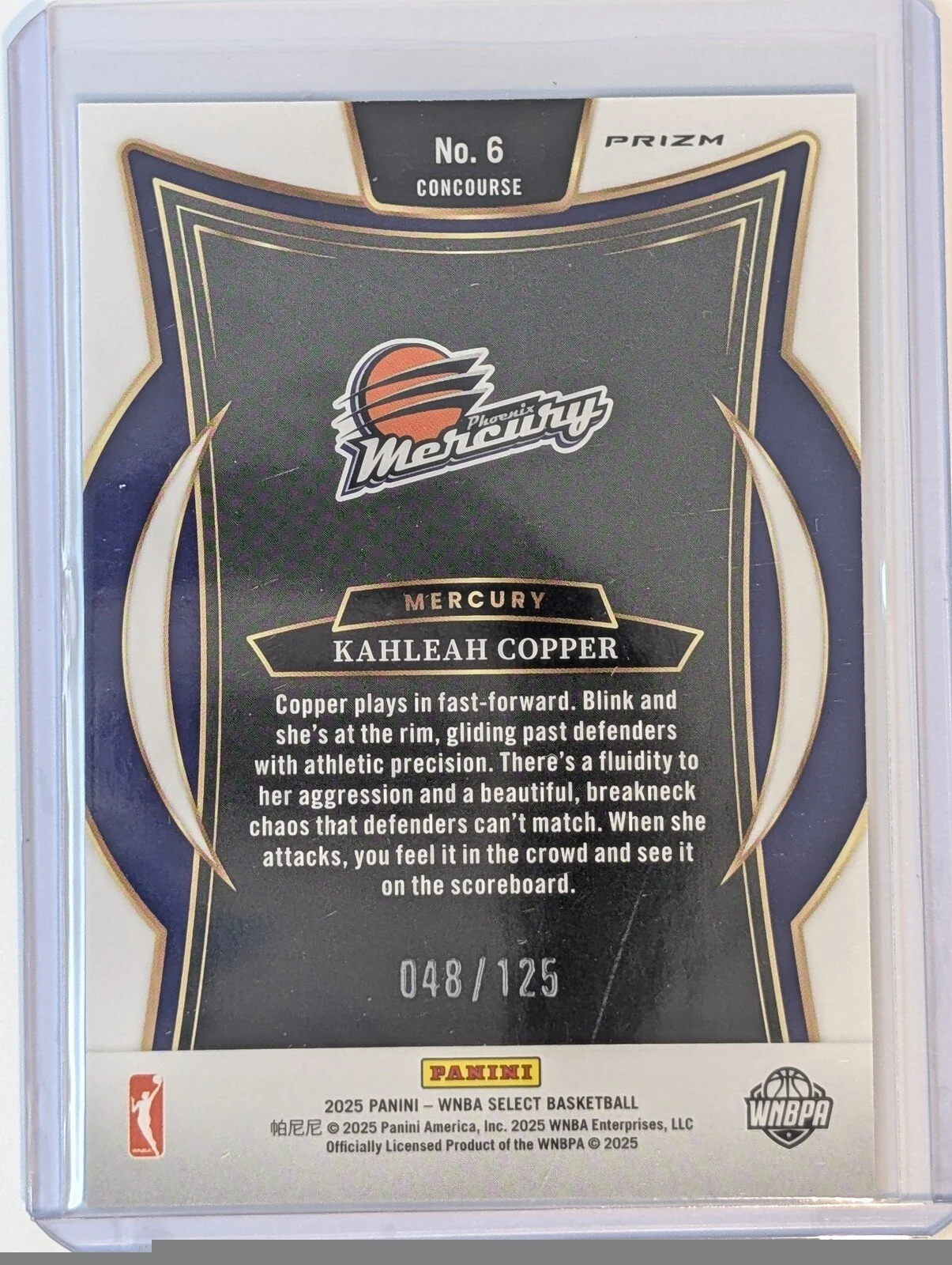 Back of 2025 Panini Select WNBA /125 #6 Kahleah Copper Light Blue Disco Prizms