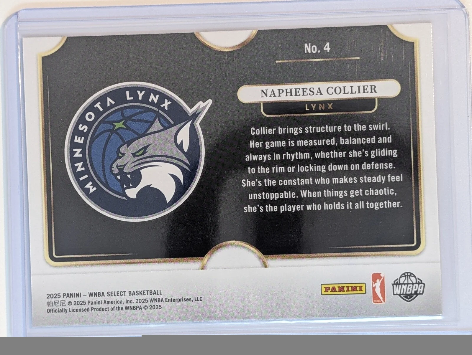 Back of 2025 Panini Select WNBA #4 Napheesa Collier Snapshots