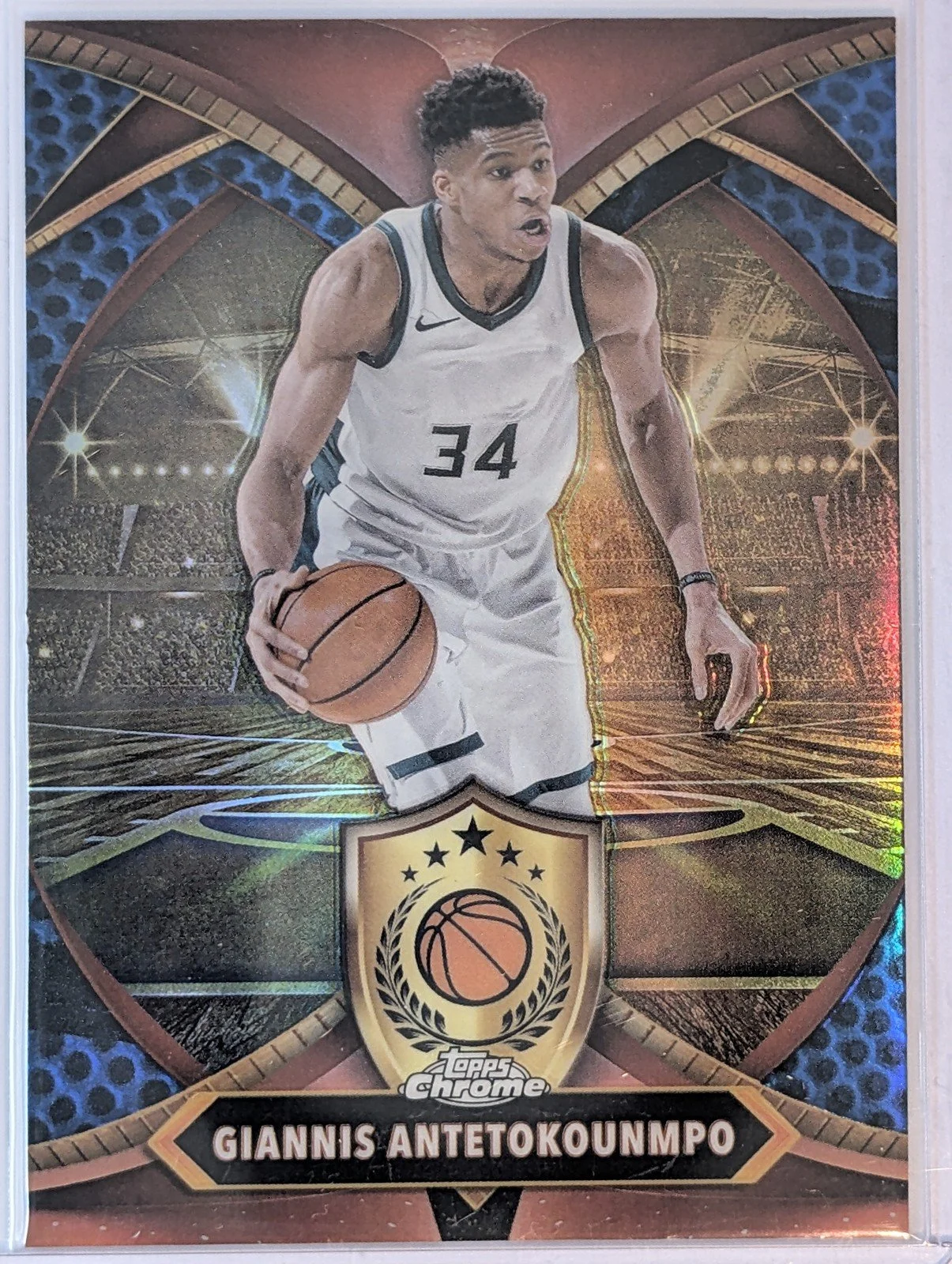 Front of 2024-25 Topps Chrome #BOD-12 Giannis Antetokounmpo Ball of Duty Blue Refractor