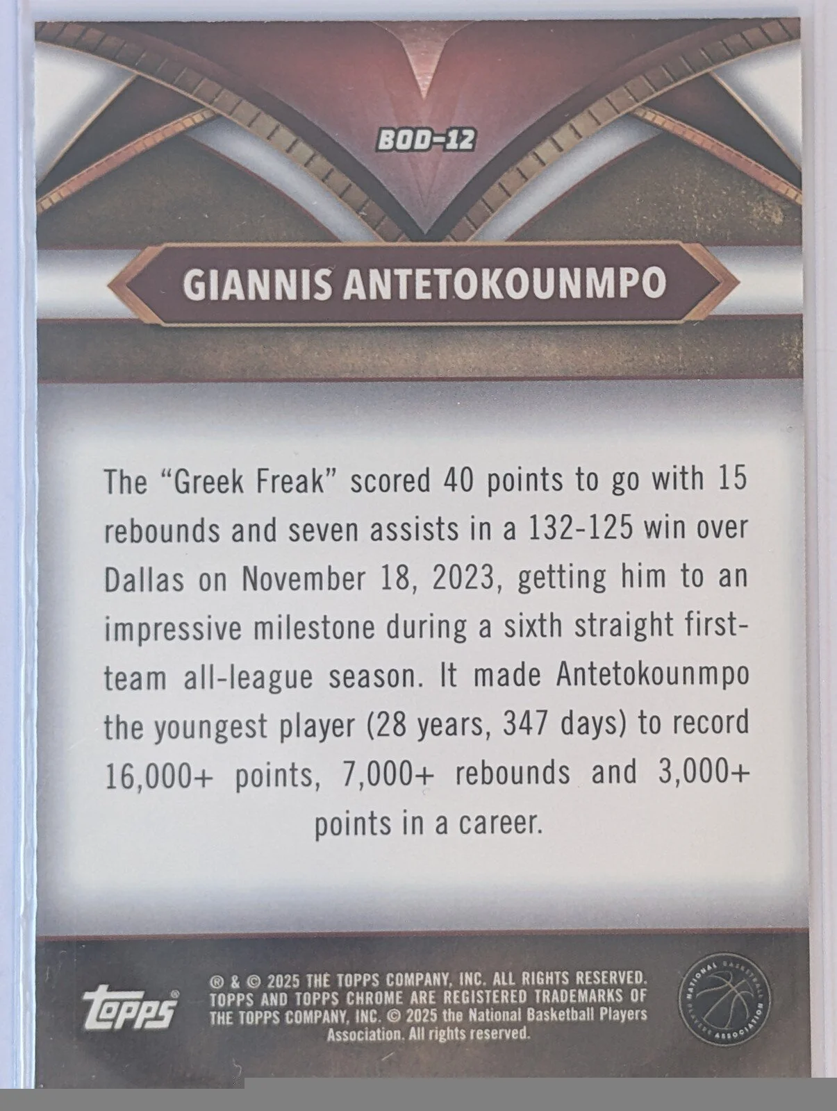 Back of 2024-25 Topps Chrome #BOD-12 Giannis Antetokounmpo Ball of Duty Blue Refractor
