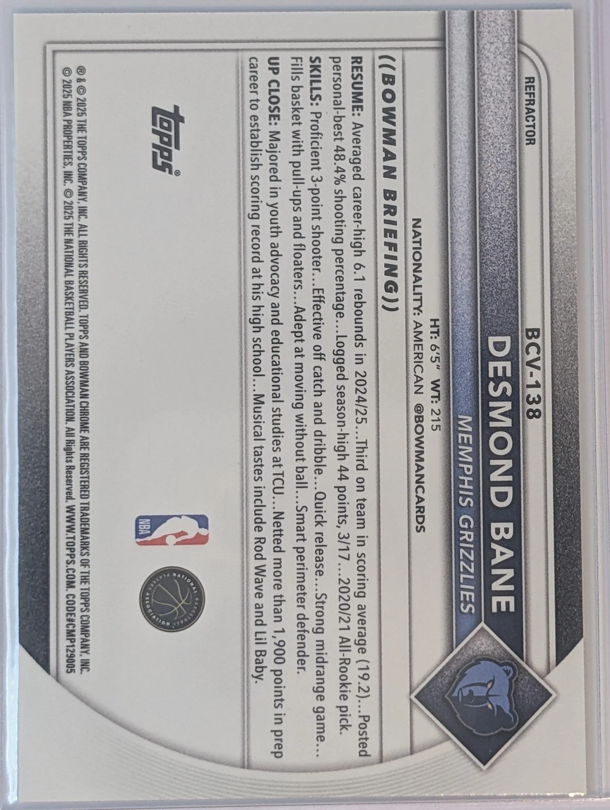 Back of 2025-26 Bowman /499 #BCV-138 Desmond Bane Chrome Refractors