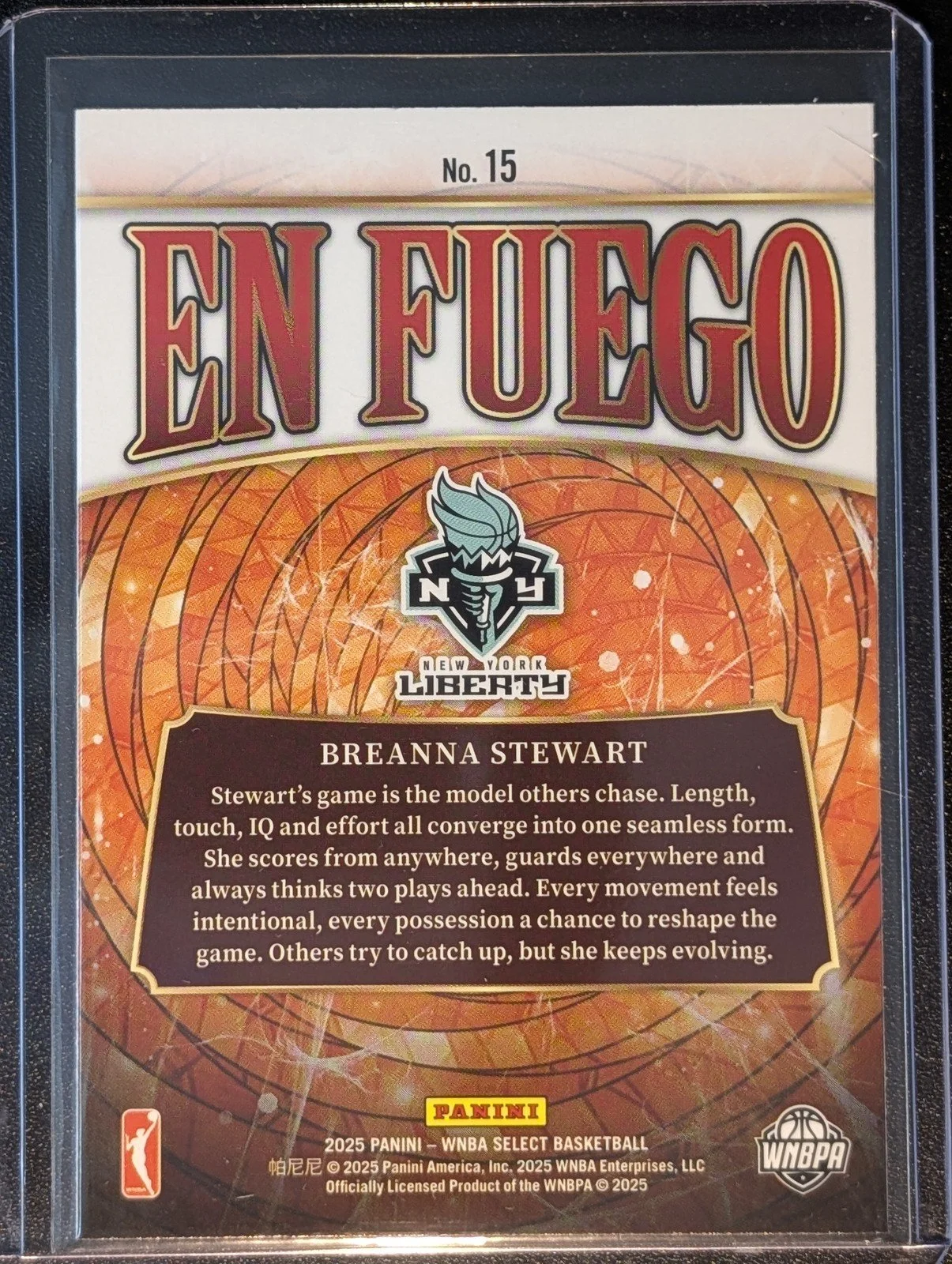 Back of 2025 Panini Select WNBA #15 Breanna Stewart En Fuego