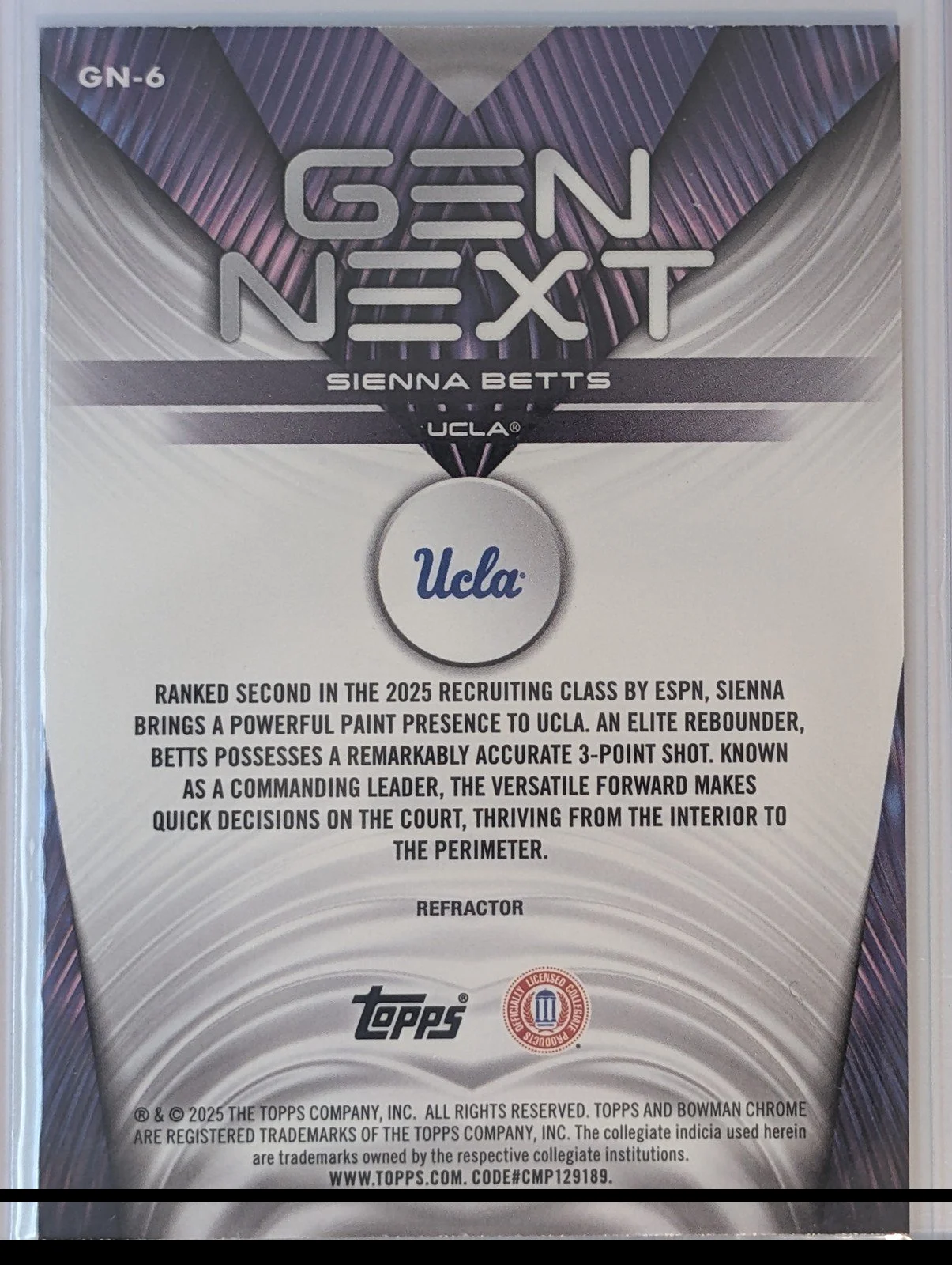 Back of 2025-26 Bowman #GN-6 Sienna Betts Gen Next Refractor