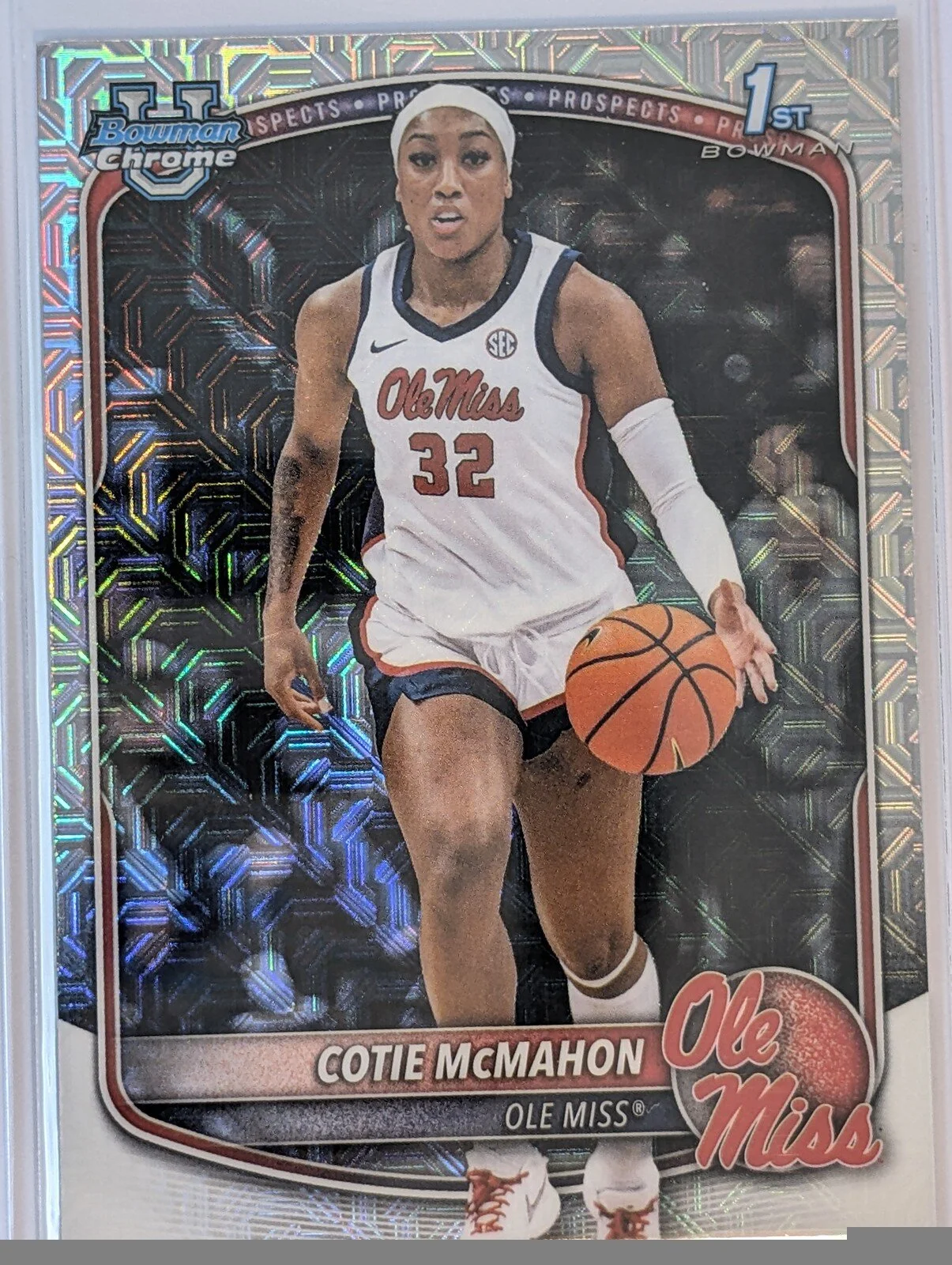 Front of 2025-26 Bowman #BCP-30 Cotie McMahon Chrome Prospects Mojo Refractor