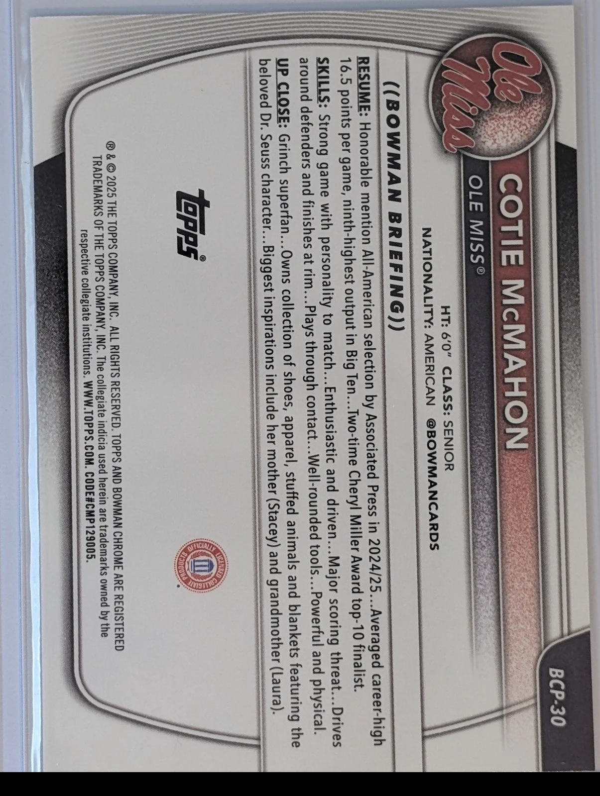 Back of 2025-26 Bowman #BCP-30 Cotie McMahon Chrome Prospects Mojo Refractor