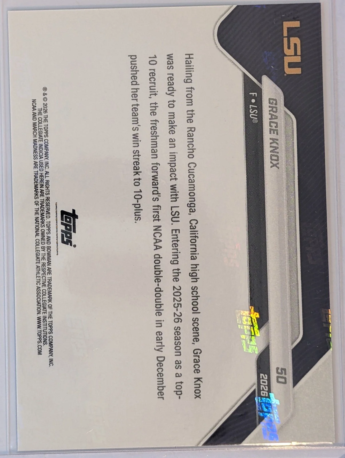 Back of 2025-26 Bowman /99 #50 Grace Knox