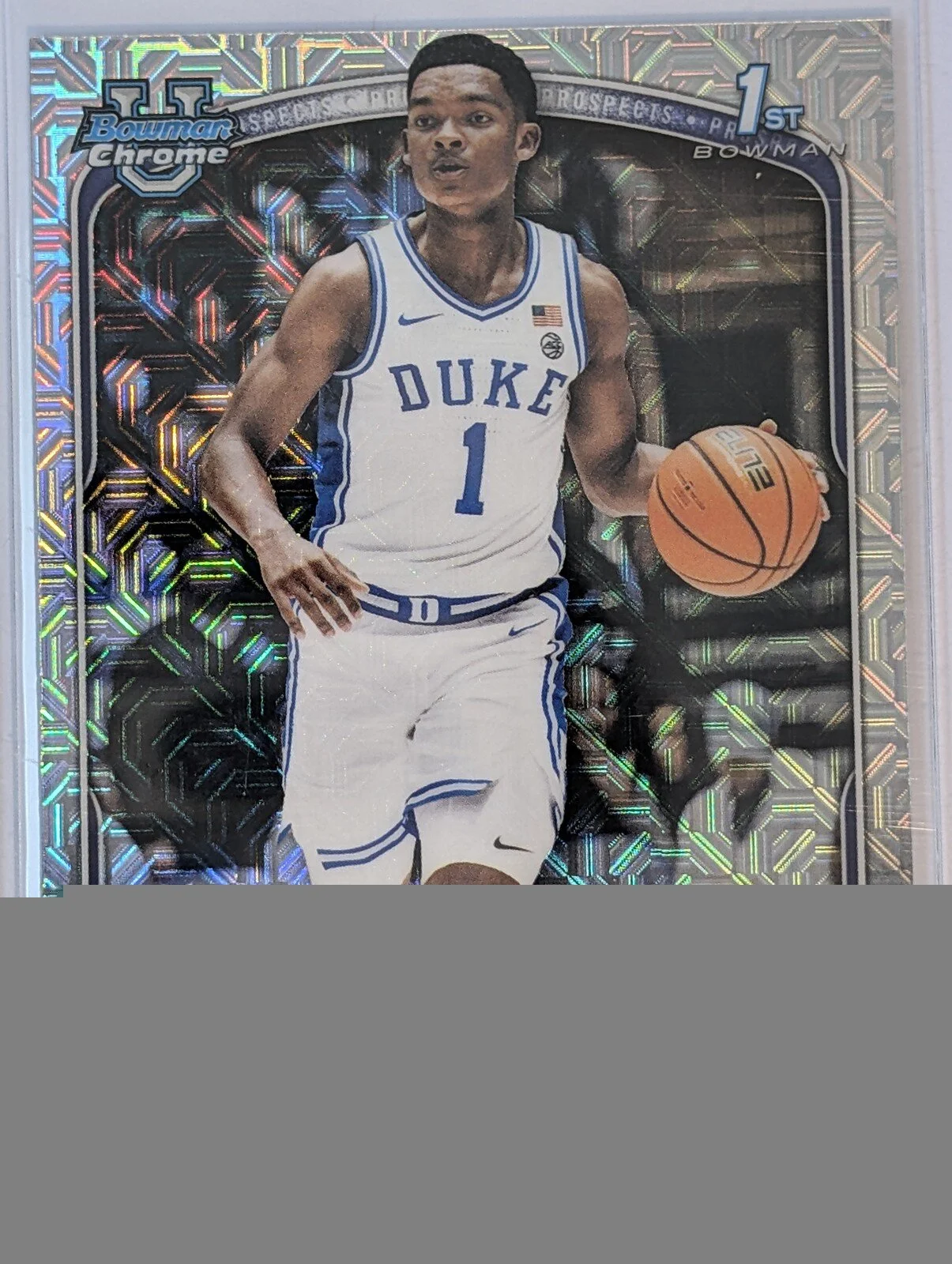 Front of 2025-26 Bowman #BCP-100 Caleb Foster Chrome Prospects Mojo Refractor
