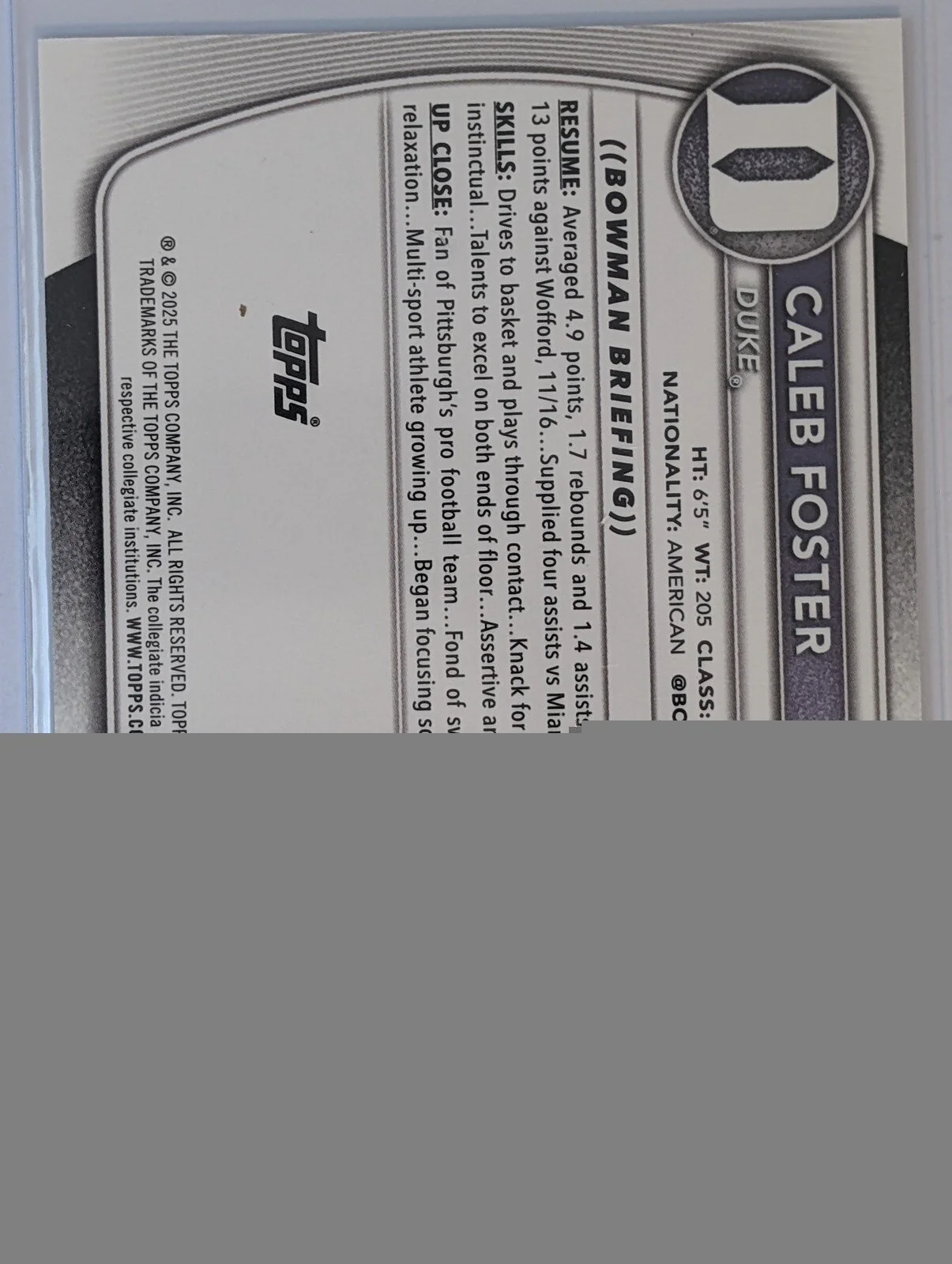 Back of 2025-26 Bowman #BCP-100 Caleb Foster Chrome Prospects Mojo Refractor