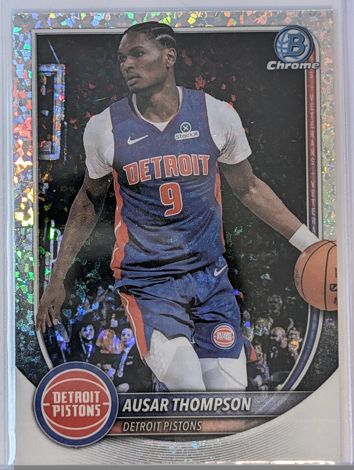 Front of 2025-26 Bowman #BCV-76 Ausar Thompson Chrome Mojo Refractors