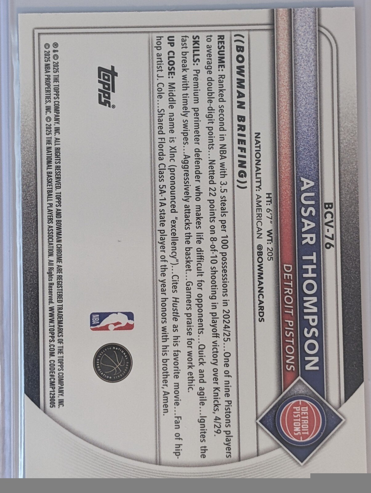 Back of 2025-26 Bowman #BCV-76 Ausar Thompson Chrome Mojo Refractors