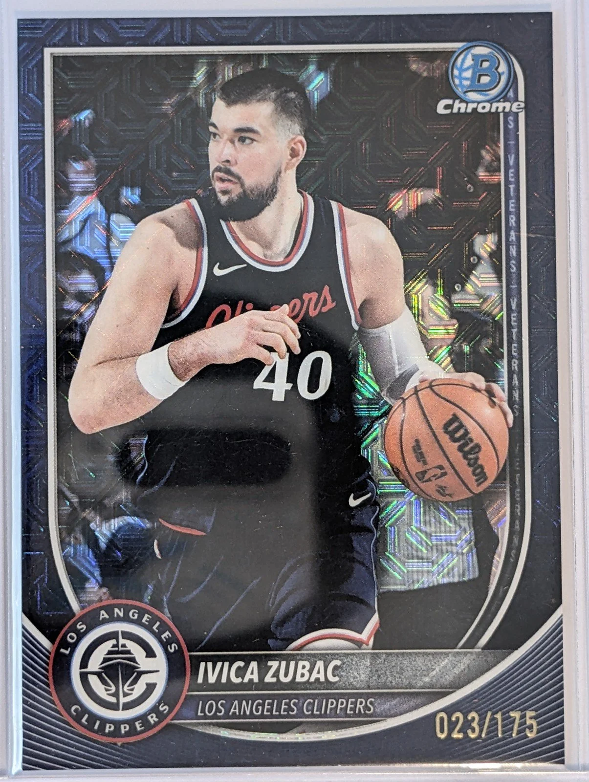 Front of 2025-26 Bowman /175 #BCV-120 Ivica Zubac Chrome Navy Mojo Refractors
