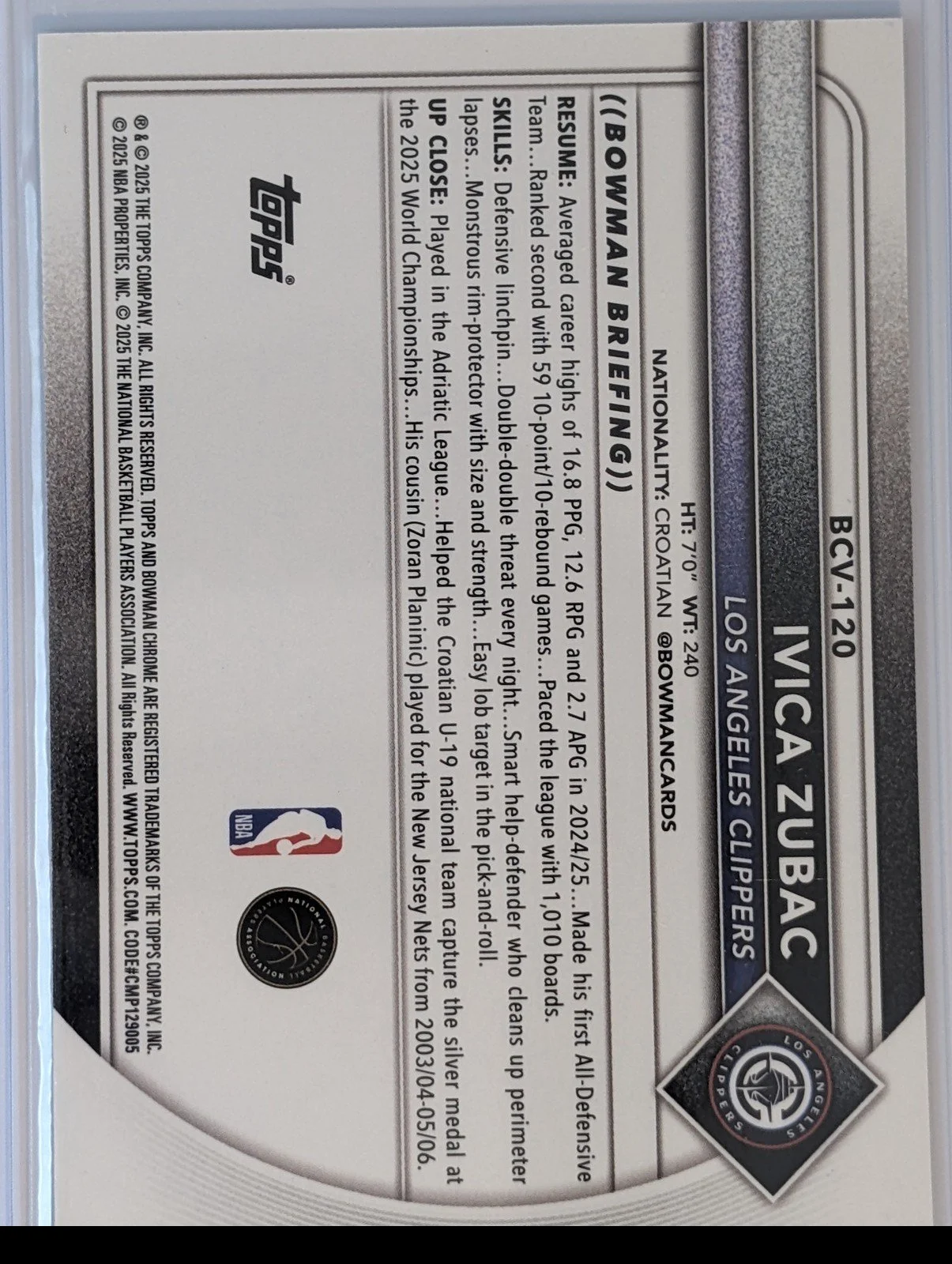 Back of 2025-26 Bowman /175 #BCV-120 Ivica Zubac Chrome Navy Mojo Refractors