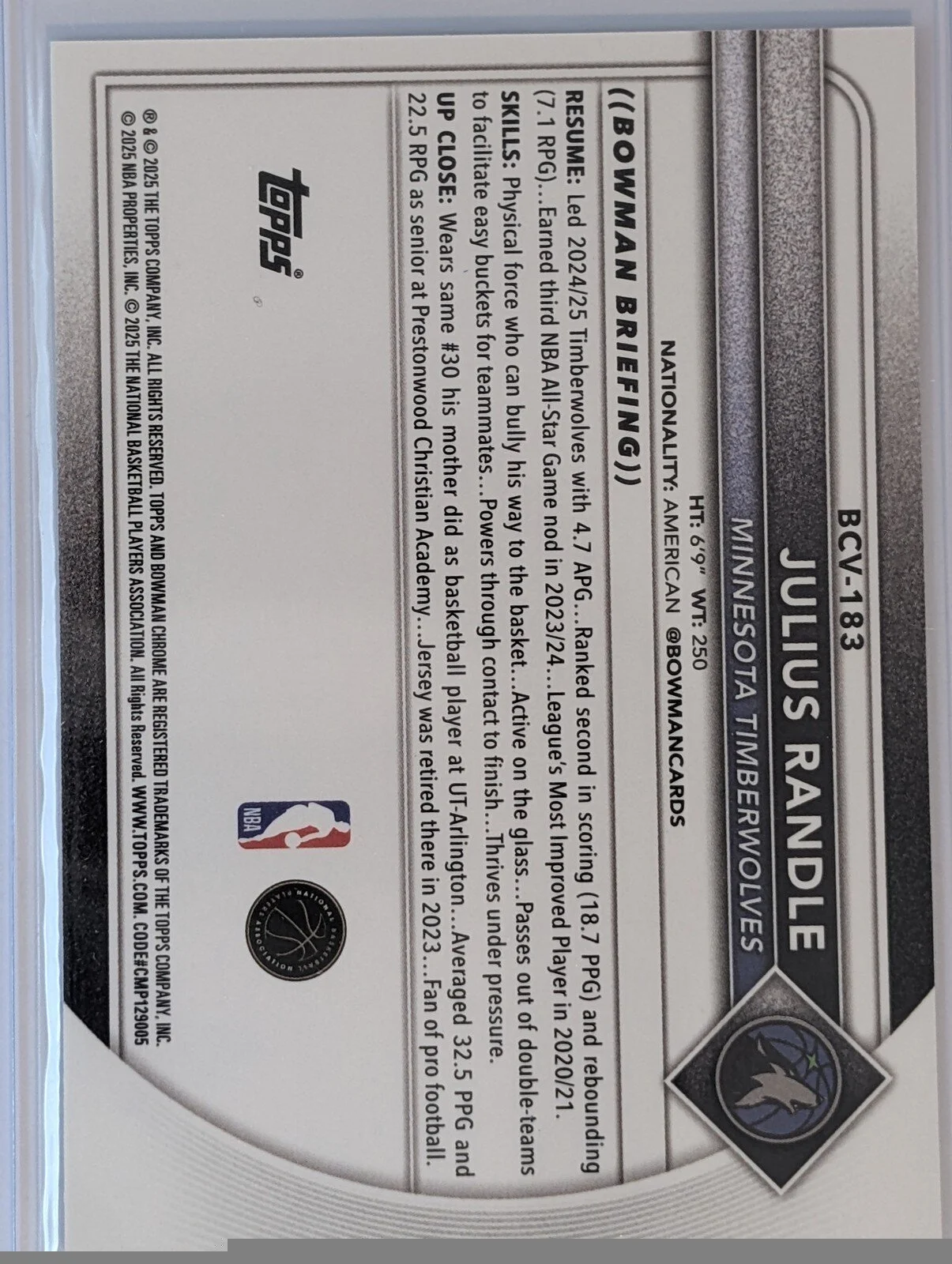 Back of 2025-26 Bowman #BCV-183 Julius Randle Chrome Mojo Refractors