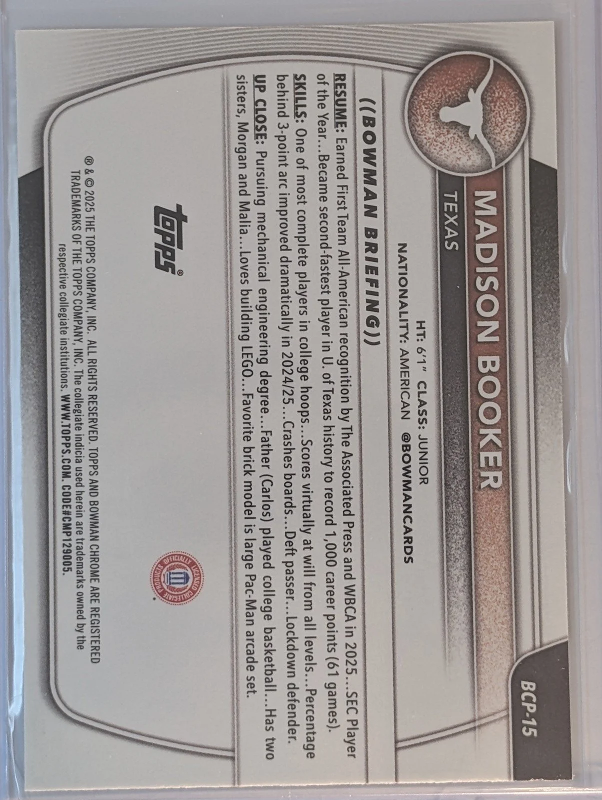 Back of 2025-26 Bowman #BCP-15 Madison Booker Chrome Prospects Lava Refractor #/399