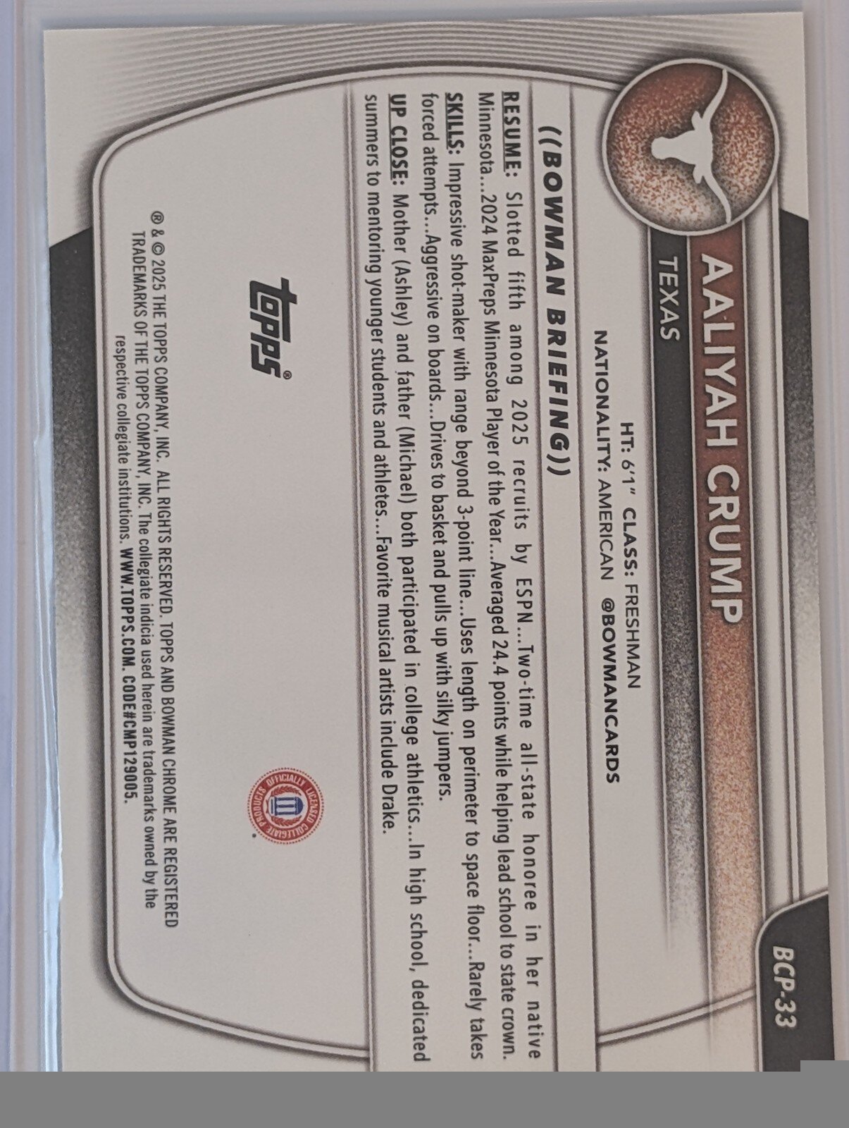 Back of 2025-26 Bowman #BCP-33 Aaliyah Crump Chrome Prospects Reptilian Refractor