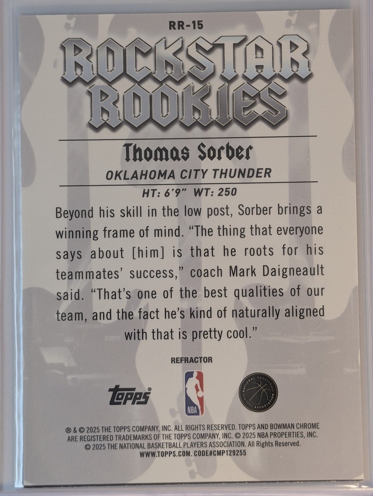 Back of 2025-26 Bowman Refractor #RR-15 Thomas Sorber Rockstar Rookies