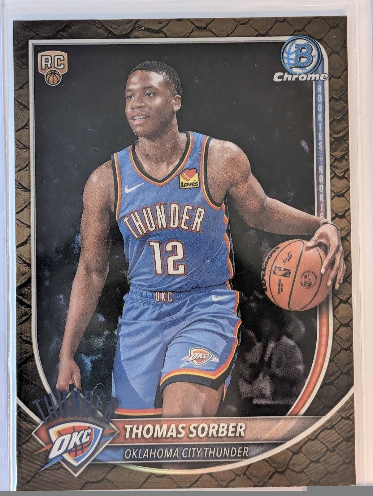 Front of 2025-26 Bowman #BCV-15 Thomas Sorber Chrome Reptilian Refractors