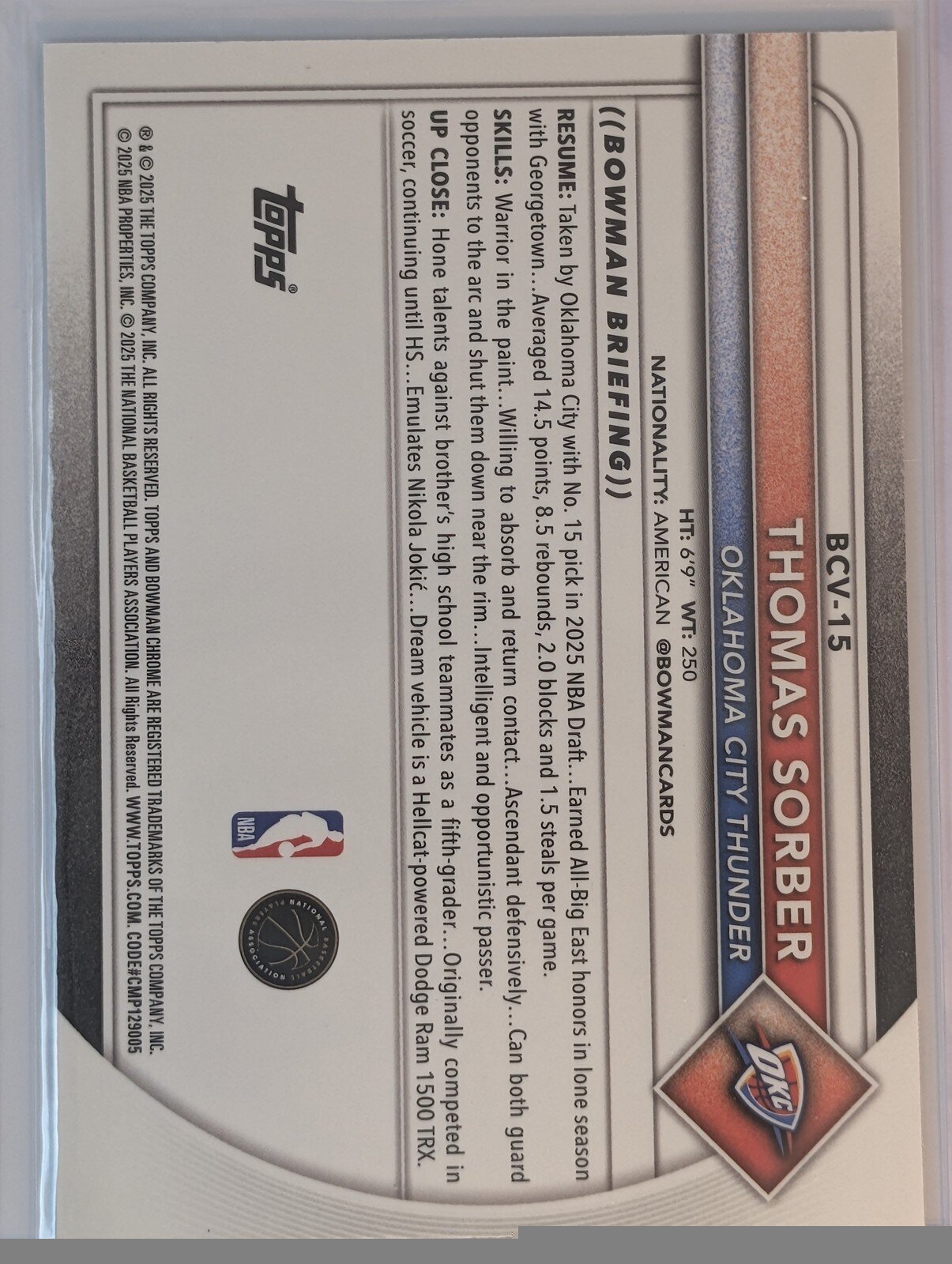 Back of 2025-26 Bowman #BCV-15 Thomas Sorber Chrome Reptilian Refractors