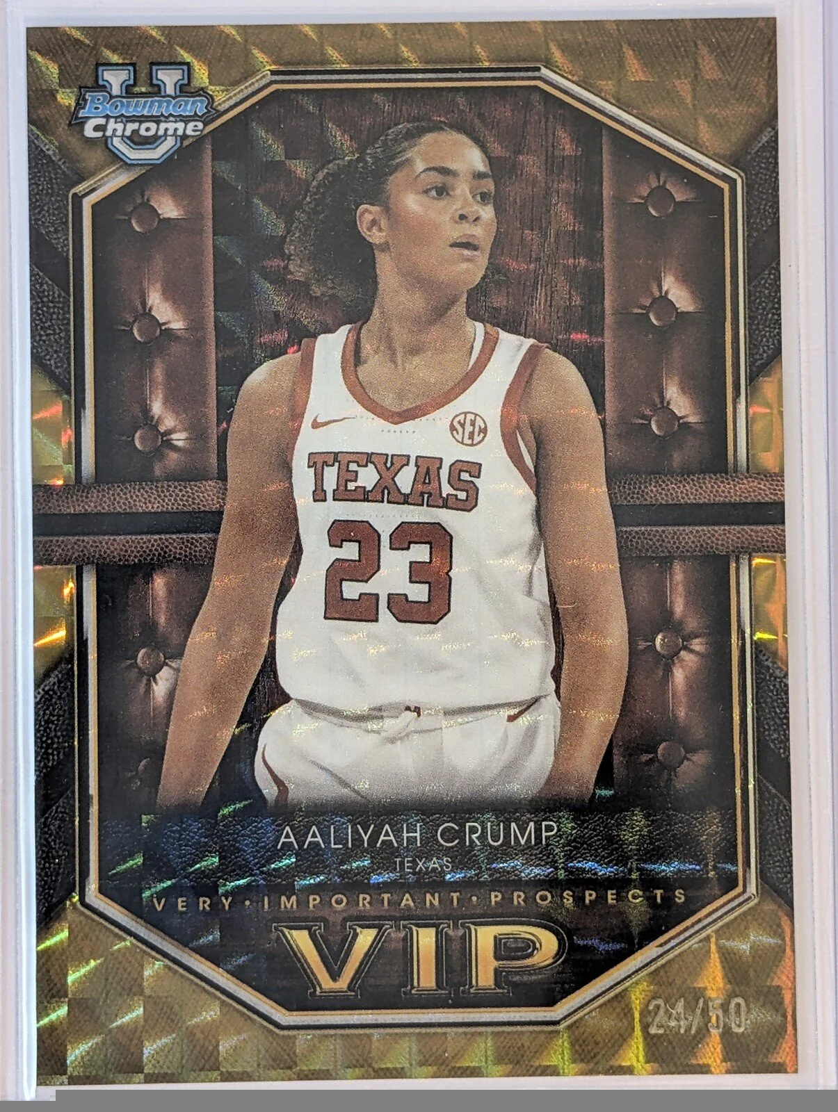 Front of 2025-26 Bowman /50 #VIP-12 Aaliyah Crump Gold Refractors