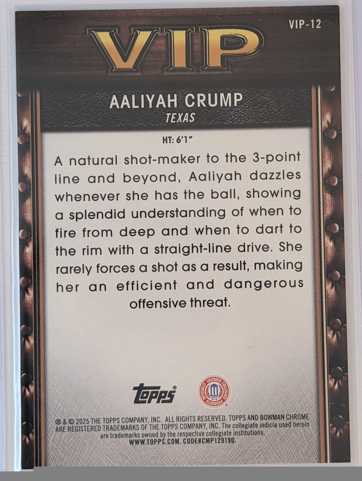 Back of 2025-26 Bowman /50 #VIP-12 Aaliyah Crump Gold Refractors