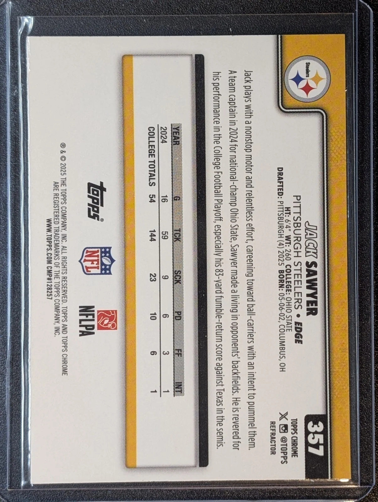 Back of 2025 Topps Chrome #357 Jack Sawyer Topps RC Refractor