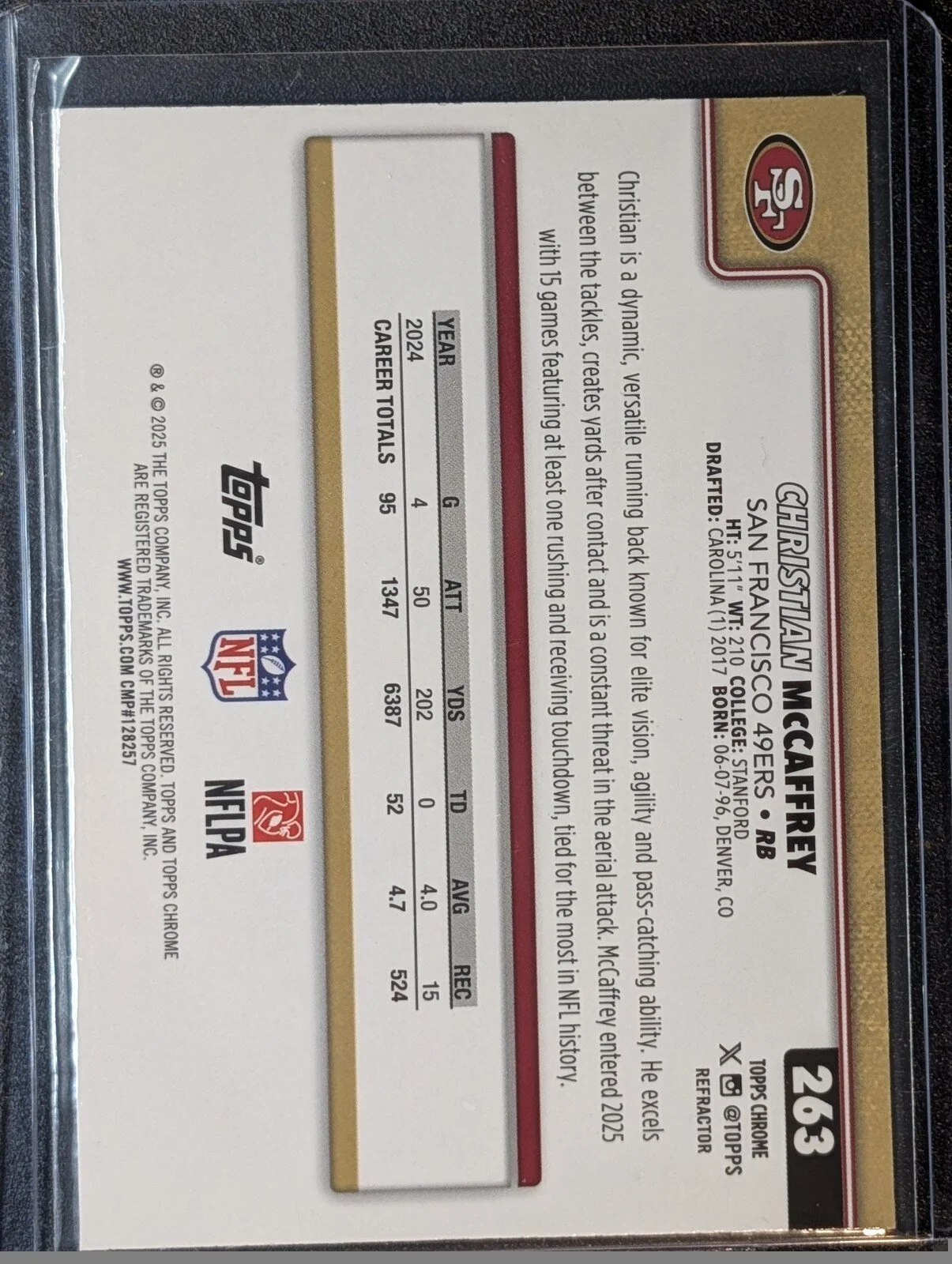 Back of 2025 Topps Chrome #263 Christian McCaffrey Refractor
