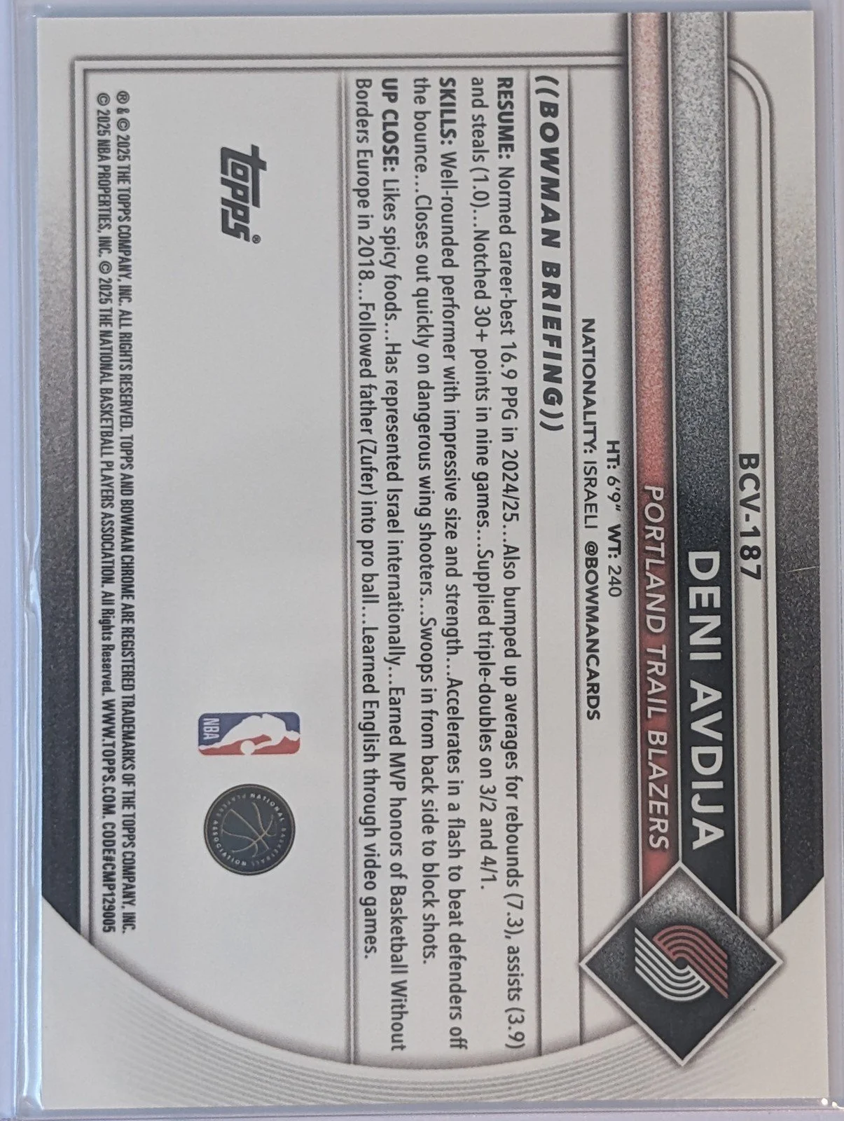 Back of 2025-26 Bowman Sapphire Edition #BCV-187 Deni Avdija